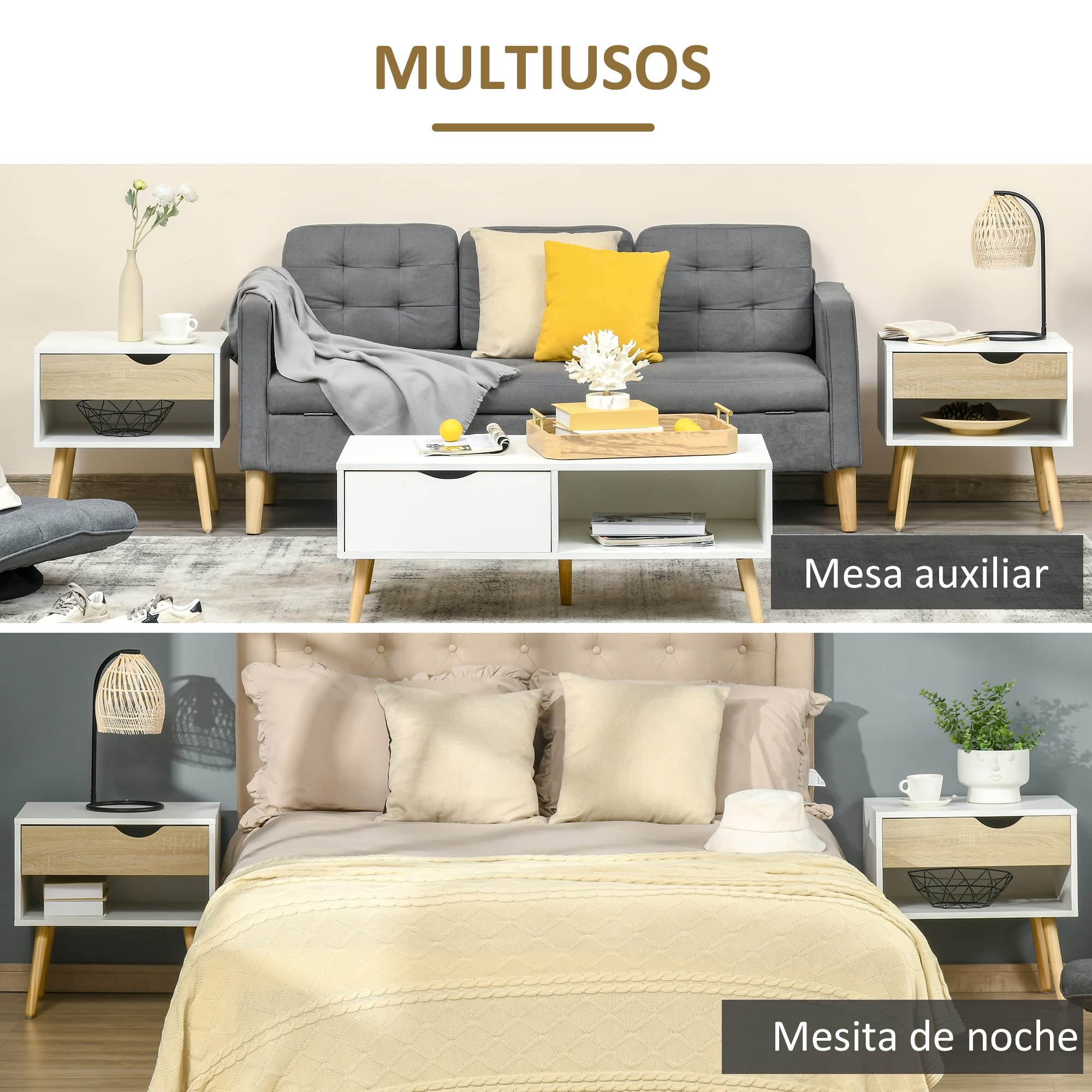 HOMCOM Set de 2 Mesitas de Noche con Cajón 50x39x51 cm Blanco y Roble | Mesa Auxiliar, Mesillas de Noche, Estante de Almacenamiento, Dormitorio Salón Cama Oficina, Estilo Moderno