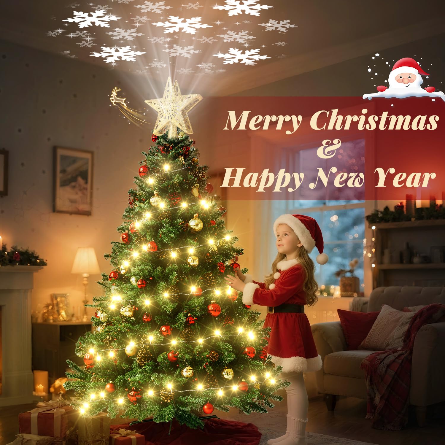 Cimier de sapin de Noël éclairé avec guirlande lumineuse chaude de 10 m - Décoration de sapin de Noël avec projecteur rotatif 3D - Pour intérieur ou extérieur - Pour fête de Noël - Doré