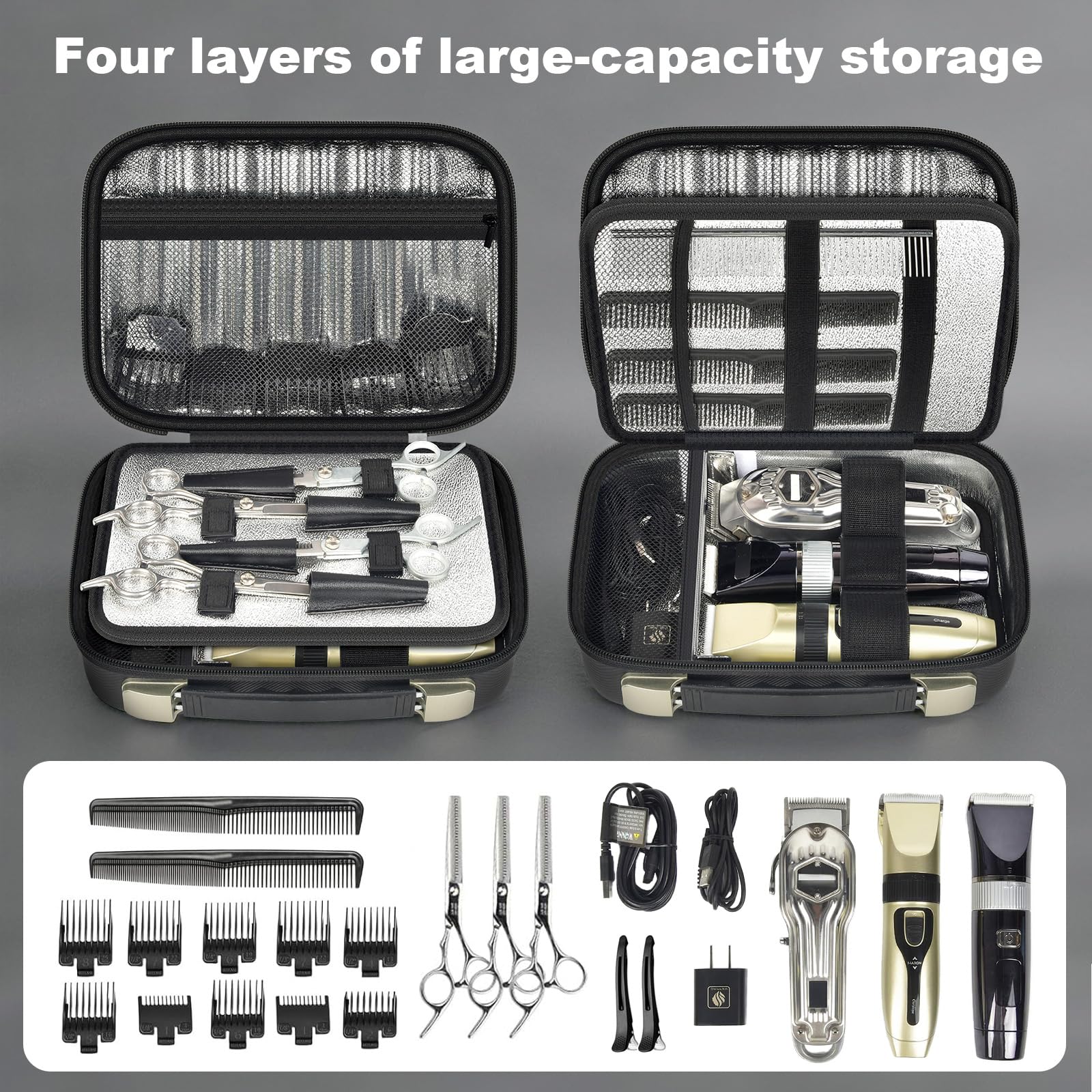 ANKHOH Friseurtasche mit leicht reinigen Aluminiumfolie Futter, Harte Eva Organizer Tasche für 3 Clippers & 4 Scheren, passt für Wahl/für Andis/für Ufree und die meisten Trimmer (Black) (schwarz)