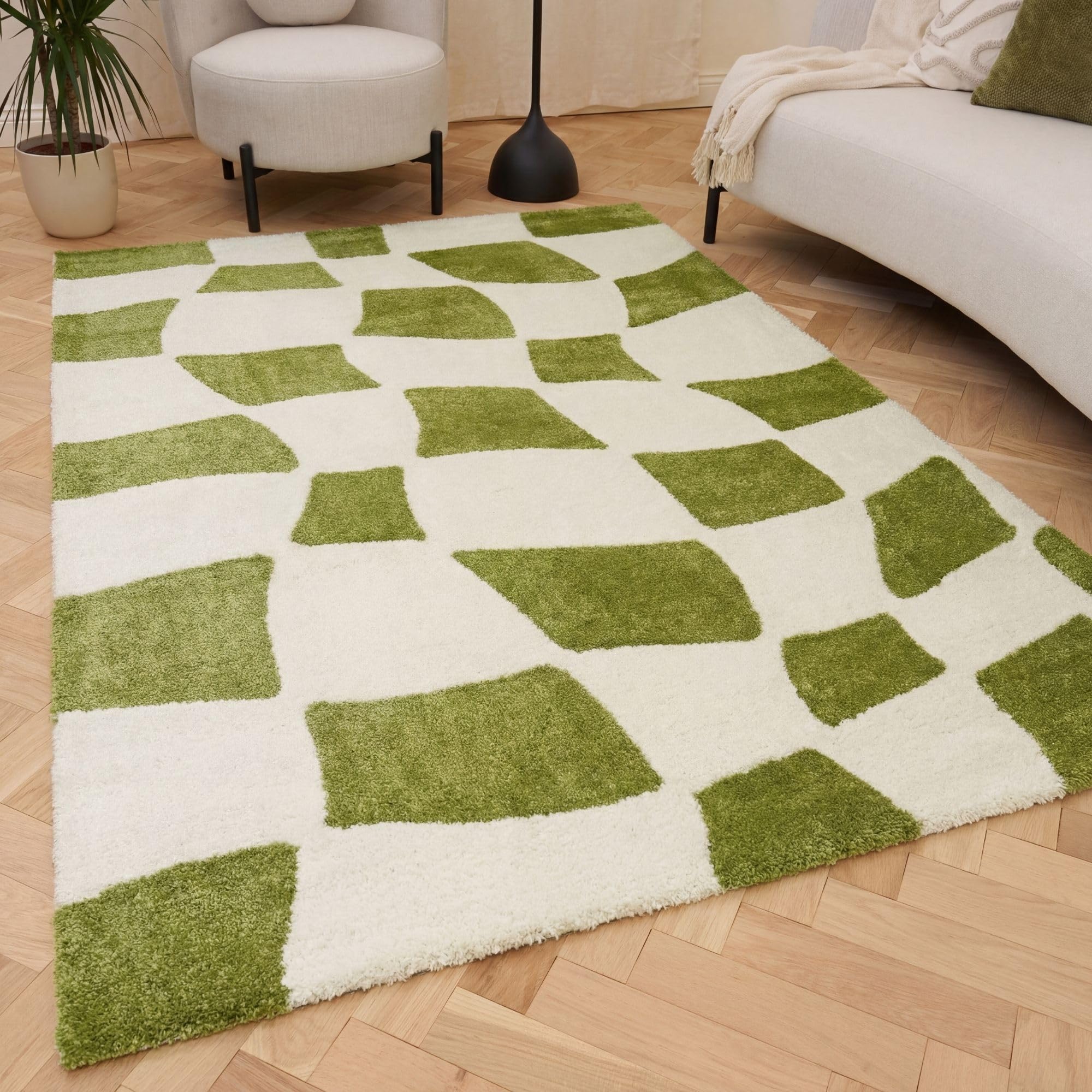 THE RUGS Joli Chequered Soft & Dense Pile Living Room & Bedroom Rug in Olive | Size: 160cm x 230cm