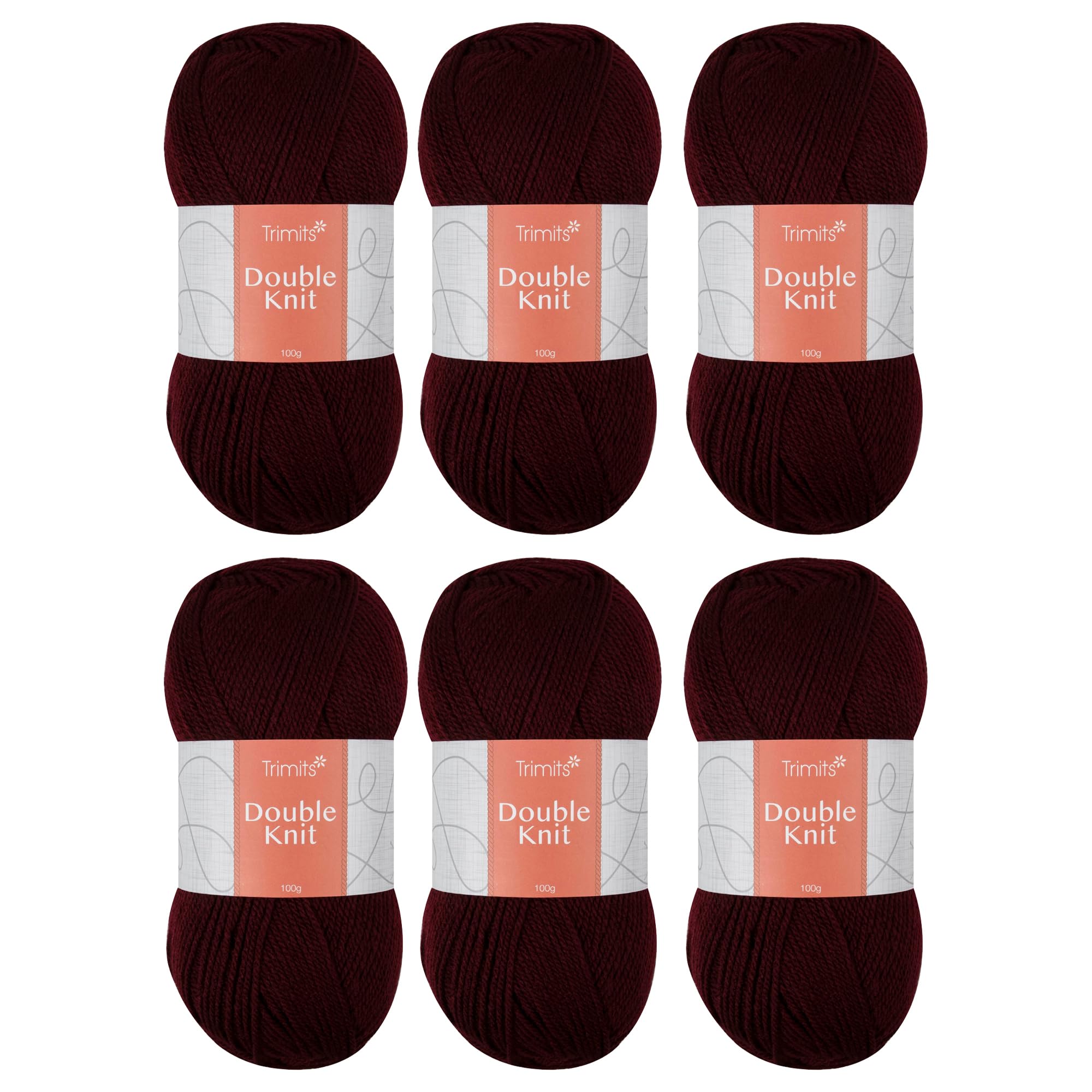 Trimits Double Knit Acrylic Yarn Wool for Knitting and Crochet - 6 x 100g (280 metres) - Soft Touch Easy Care Machine Washable DK Yarn, Oeko-TEX Certified Fibre, Wine