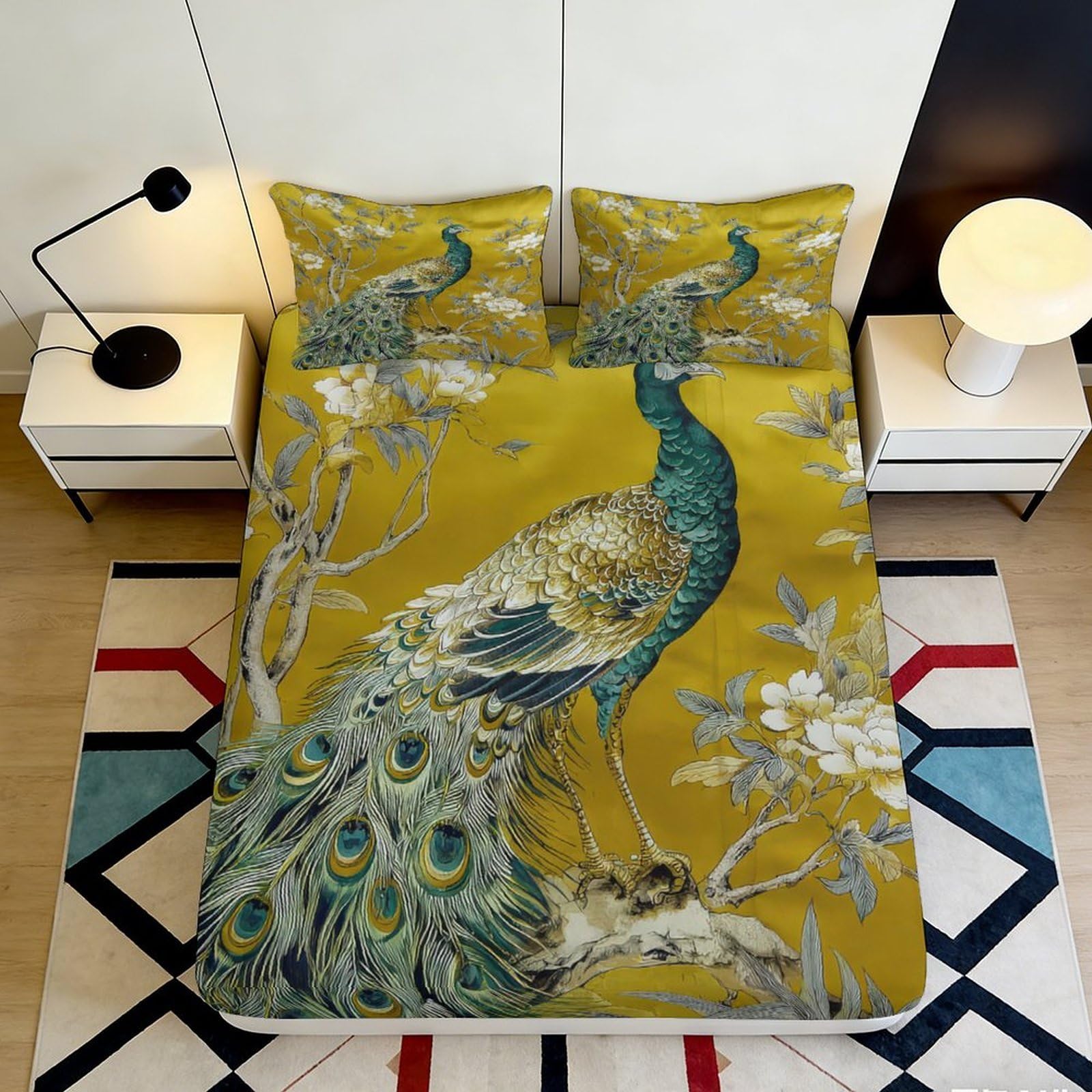 3D Printed Peacock Pattern Fitted Sheet Microfiber Soft Breathable Floral Design Mattress Cover for Bedroom Dormitory Guest Room Mattress Protection 160x200x25cm