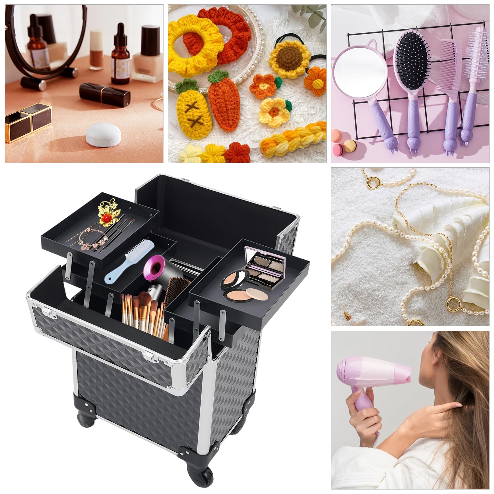 Valigetta cosmetica in PVC con 4 ruote e 2 cassetti, grande capacità, trolley multifunzione con serratura a combinazione, 34 x 24 x 41 cm