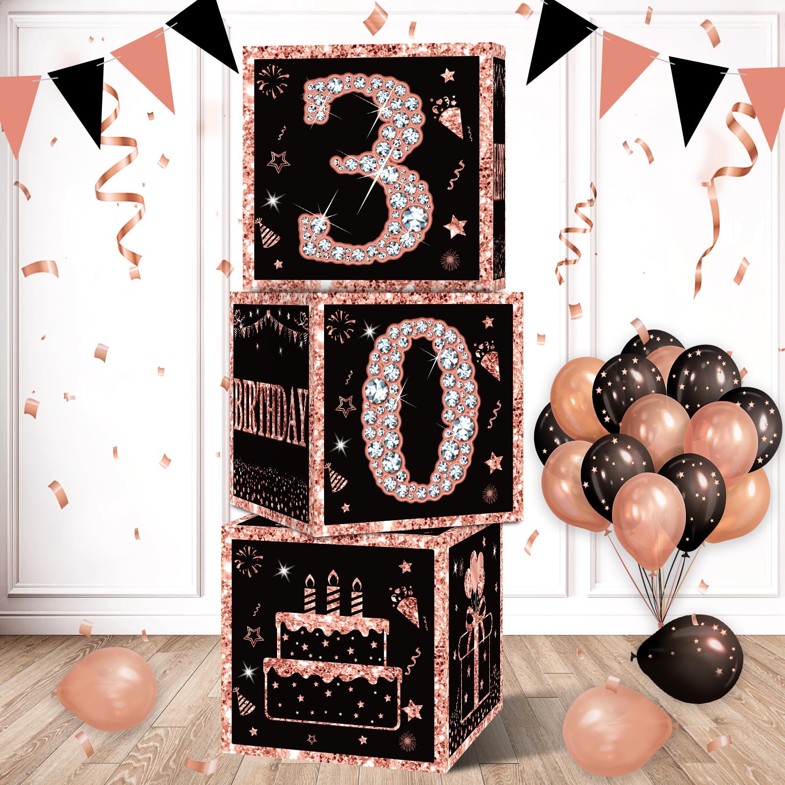 Eiurteao 3pcs 30th Birthday Decorations Boxes for Women, Rose Gold Happy 30 Birthday Balloons Boxes Party Supplies, Thirty Bday Theme Cardboard Box