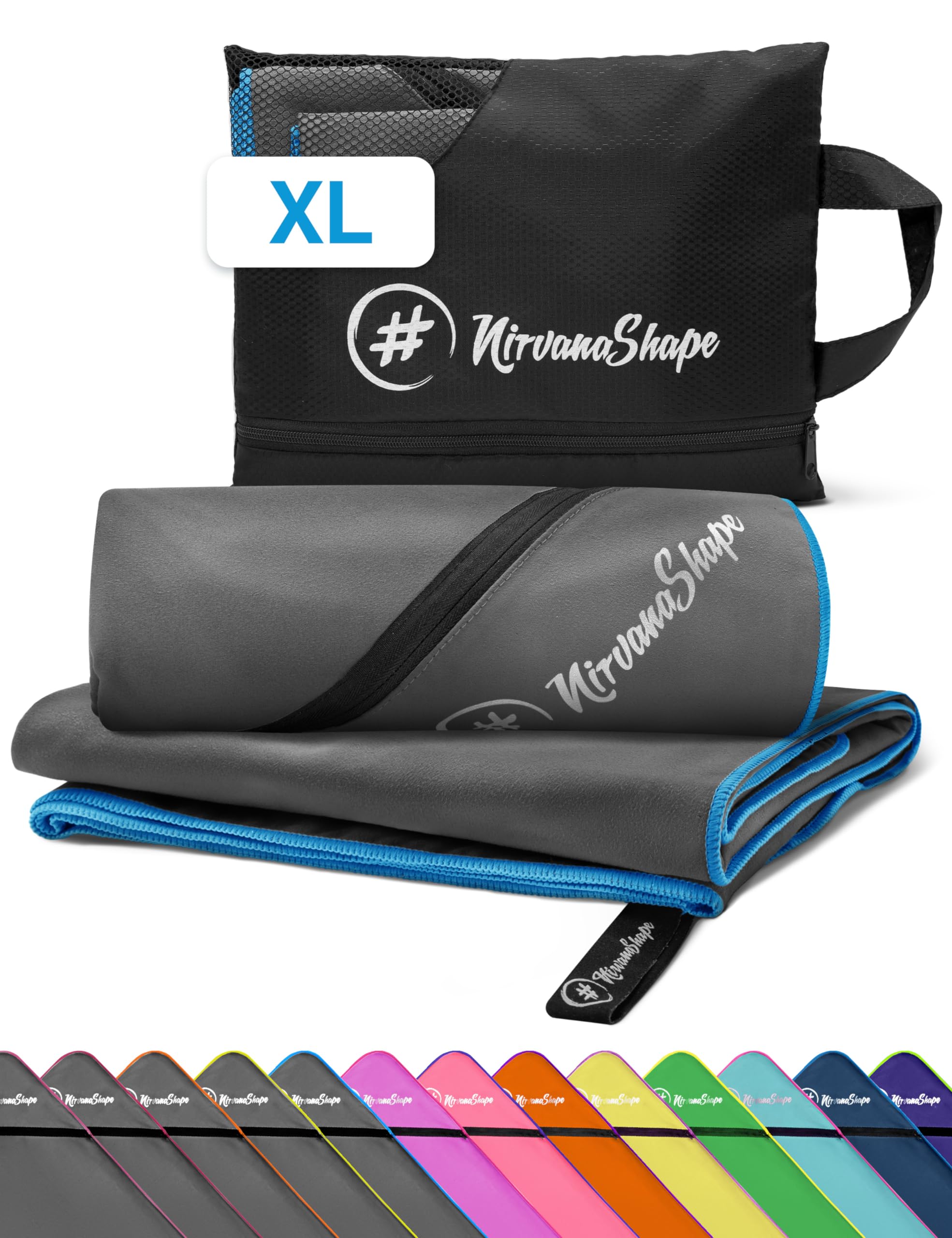 NirvanaShape Microfiber - Large Towel for Beach Travel, Fitness, XL 200 x 100 cm, Grey / Blue Seam, XL: 200 x 100 cm