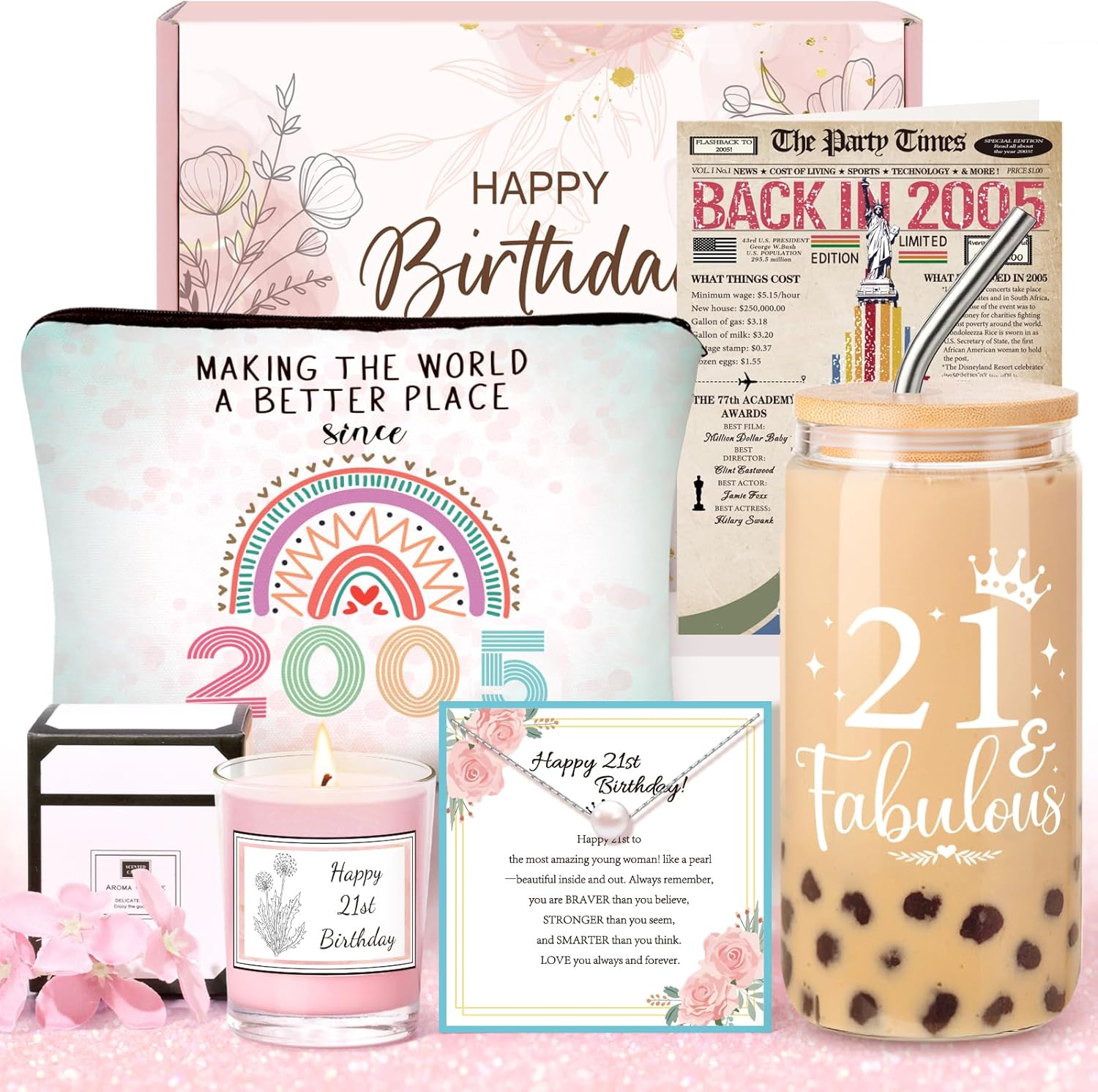 21st Birthday Gifts for Her – Unique Gift for 21 Year Old Woman, 5PCS Gift Box with 16oz Coffee Cup, Candle, Necklace, Makeup Bag & Card – Vintage 2005 Birthday Gifts for Women