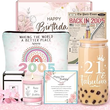 21st Birthday Gifts for Her Unique Gift for 21 Year Old Woman, 5PCS Gift Box with 16oz Coffee Cup, Candle, Necklace, Makeup Bag & Card Vintage 2005 Birthday Gifts for Women