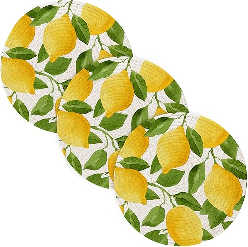 3 Pcs Non Slip Trivet Watercolor Yellow Lemon for Hot Dishes 15in Cotton Thread Weave Pot Holder Set Holder for Hot Pot Halloween Decor
