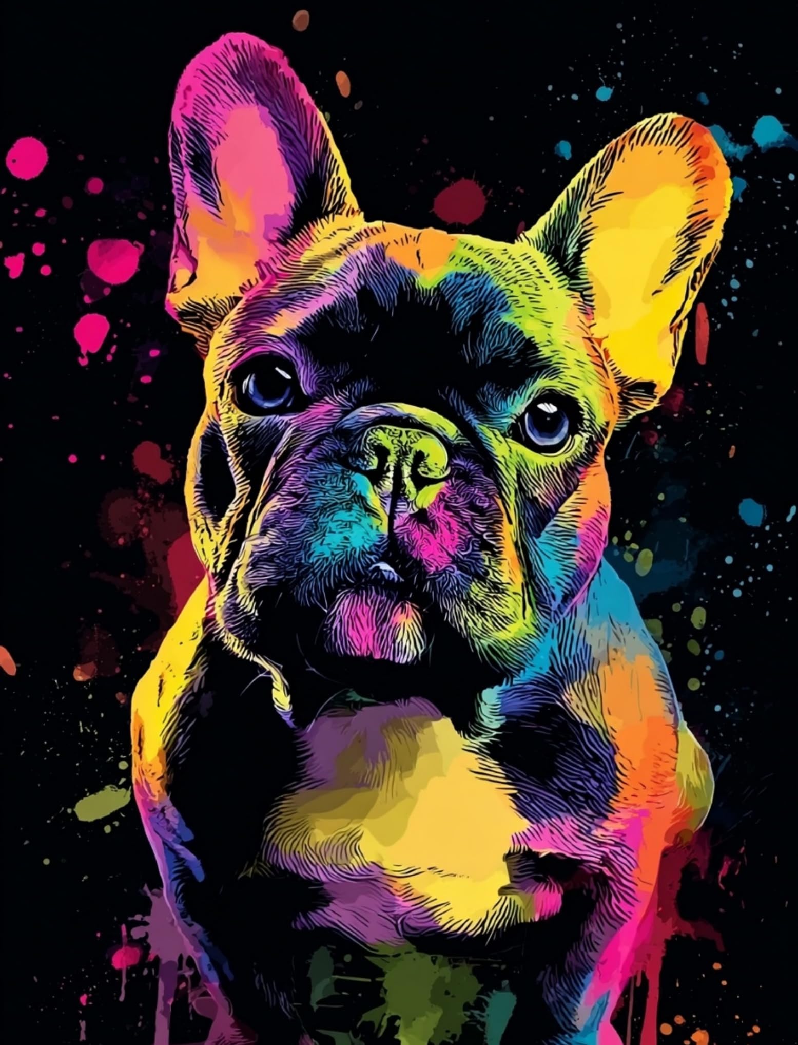 WANGWANGMIAO Paint by Numbers for Adults Colorful French Bulldog, Painting by Numbers for Adult Canvas Crafts Kits, DIY kit for Relax and De-Stress Home Gift 16x20inch，with Frame