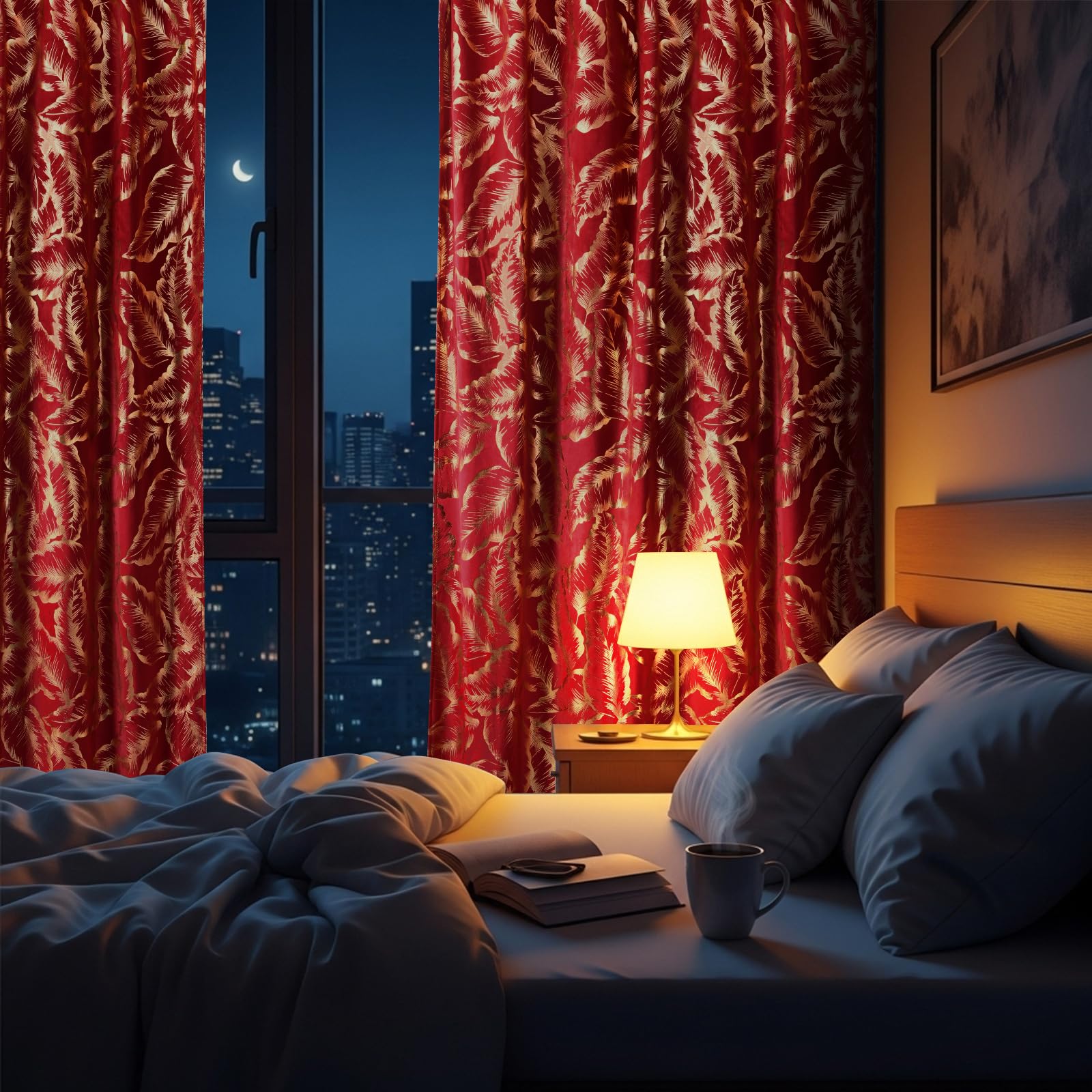Lot de 2 rideaux en velours avec motif feuilles dorées - Beaux rideaux en velours - Opaques - Avec ruban fronceur - Pour salon, chambre à coucher - H 274 x l 132 cm - Rouge Noël
