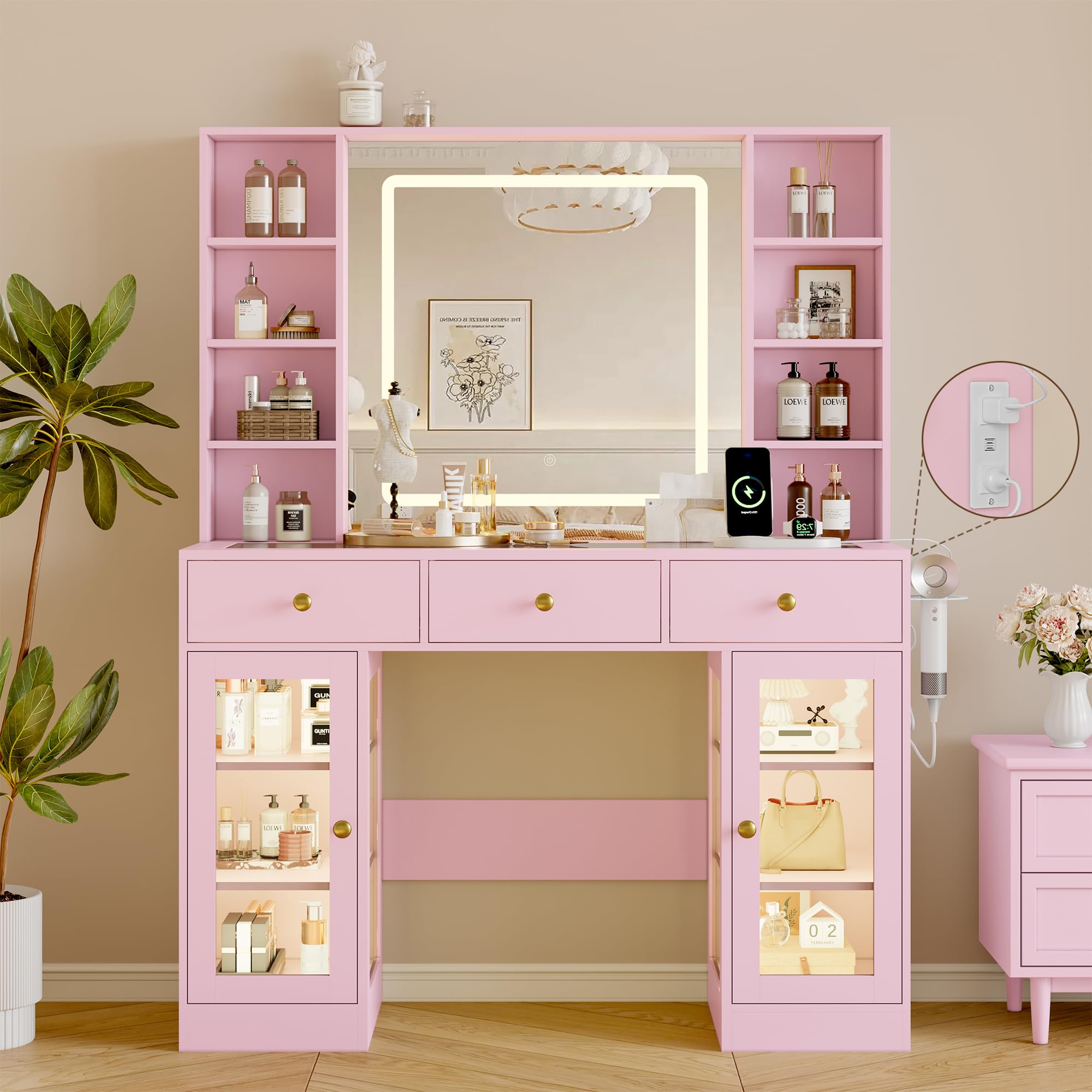 Makeup Vanity Desk with Mirror and Lights, 43" Pink Vanity with Glass Top, Jewelry Storage, 3 Drawers &amp; Glass Cabinets, Power Outlet &amp; Adjustable LED Lights, Dressing Table for Women &amp; Girls Bedroom