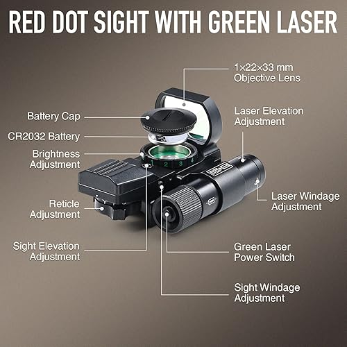 Vista 58 de PINTY Vista de punto rojo con punto rojo/verde y múltiples retículas, para riel Picatinny, pistola, rifle (combo láser opcional)