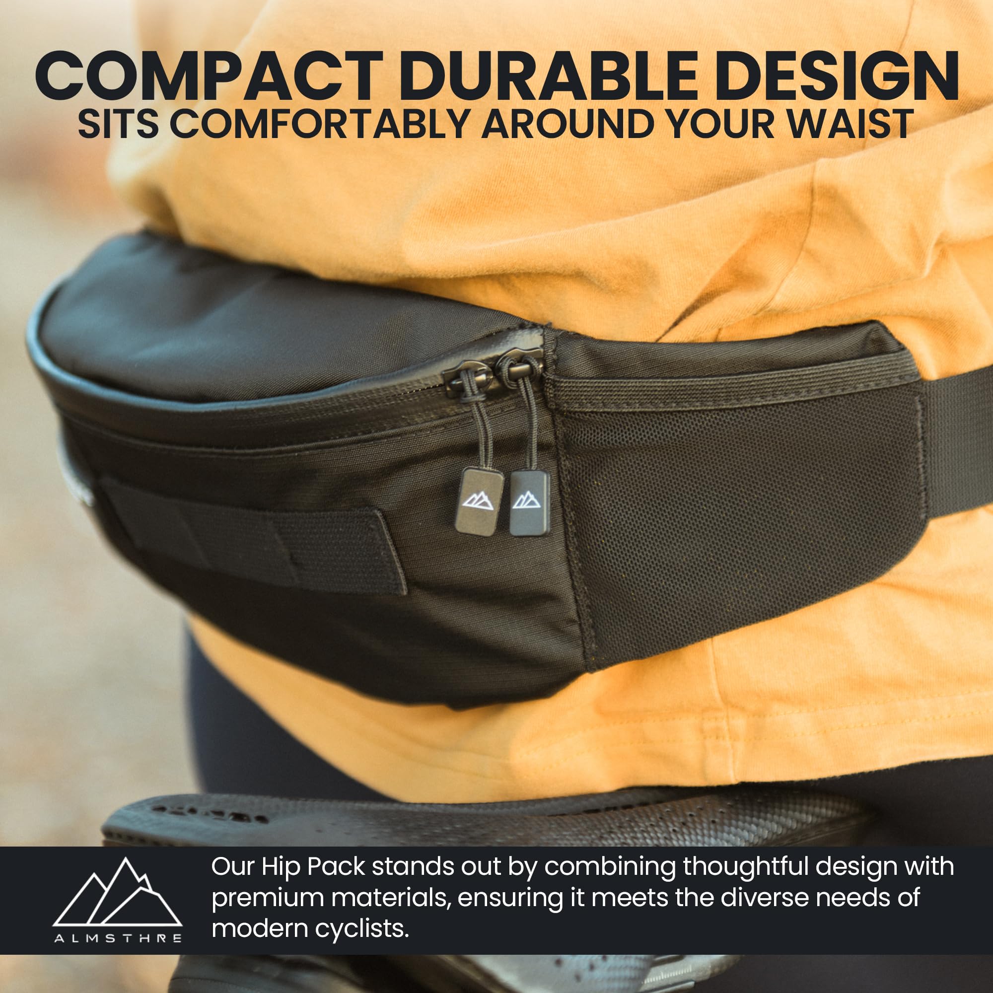 ALMSTHRE Riñonera duradera e impermeable para ciclistas, ajuste ajustable con almacenamiento organizado, nailon Ripstop reciclado para ciclismo, senderismo y transporte diario, Negro medianoche, M