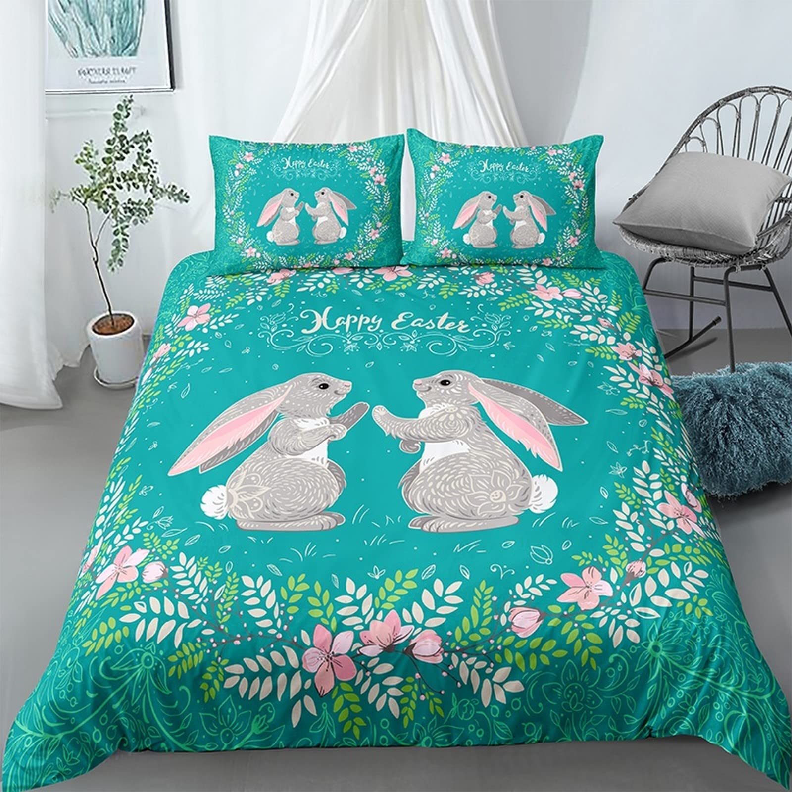 Ropa De Cama Infantil Conejo Animal De Dibujos Animados 150X220 Cm 3D Imprimiendo Funda Nórdica Y 2 Fundas De Almohada De Anti-Humedad, Anti-Ácaro, Suave Y Cómodo Antialérgico Cuidado Fácil