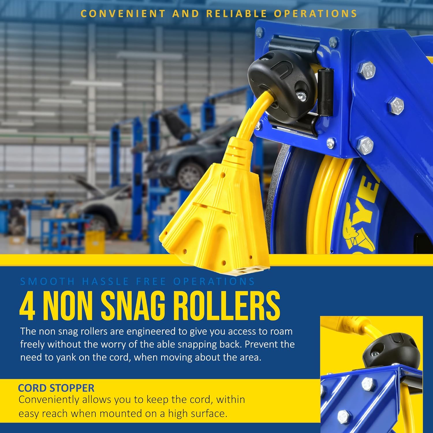 Goodyear Extension Cord Reel Retractable 12AWG x 50' Feet 3C SJTOW Cable Triple Tap Connector Power Rating 125 Volt AC 13 Amp 1625 Watt Industrial Steel Single Arm - Image 4