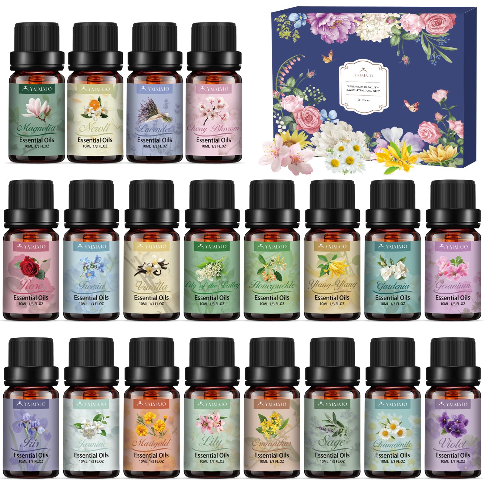 Set de aceites esenciales, 20*10ml aceites esenciale para difusor, set de aceites aromáticos puros para masaje, jabón, velas, aromaterapia, fabricación de velas - Pequeños regalos para mujeres Navidad