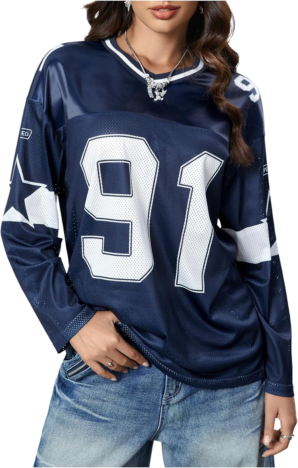 SHENHE Women's Graphic Football Jersey Number V Neck Long Sleeve Oversized T Shirt Streetwear Top