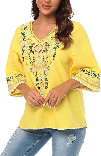 YZXDORWJ Blusa campesina mexicana bordada con cuello en V para mujer