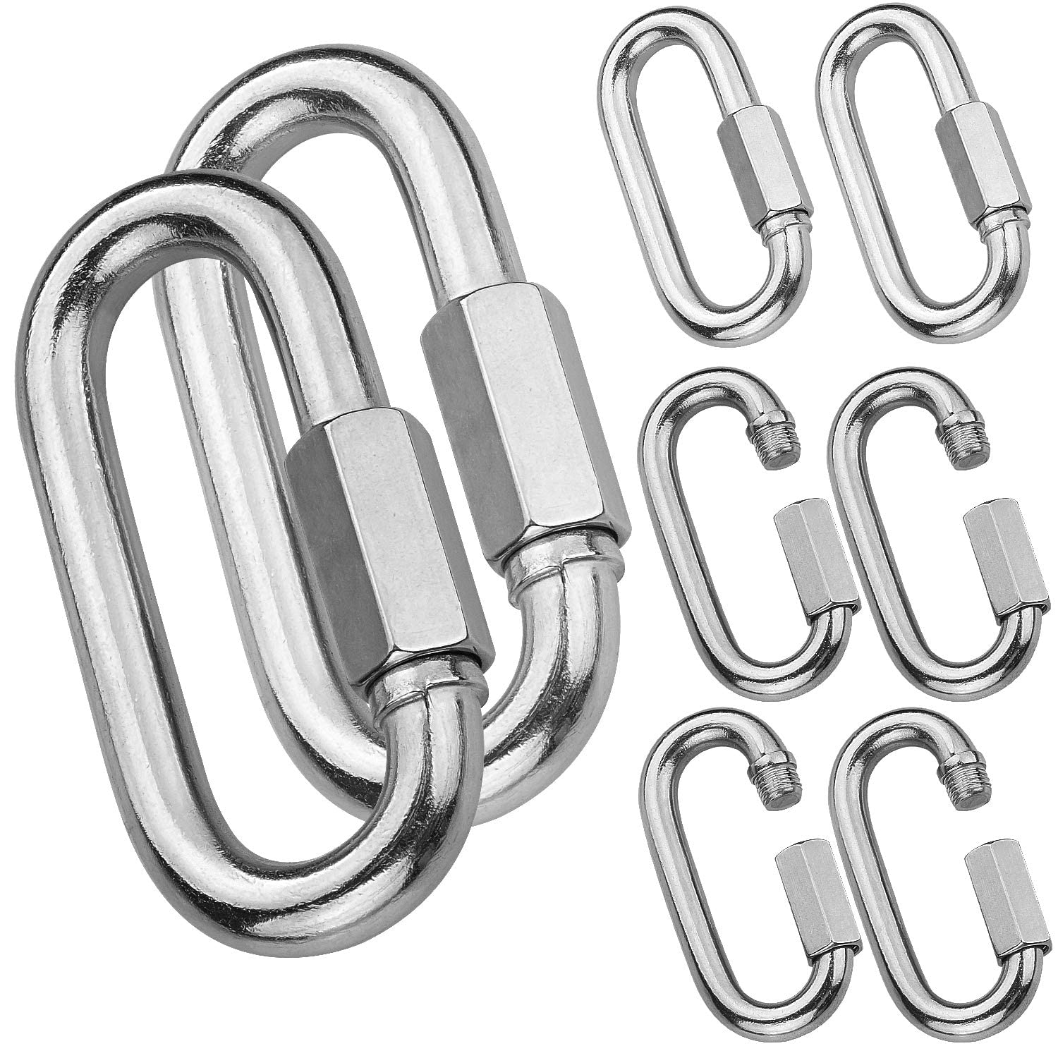AKOLAFE 8 Pack Quick Link M6 Stainless Steel Oval Locking Carabiner Heavy Duty 1/4 Inch Carabiner Clips 620lbs Capacity Quick Chain Links for Camping, Hiking, Swing, Hammocks, Outdoor and Gym