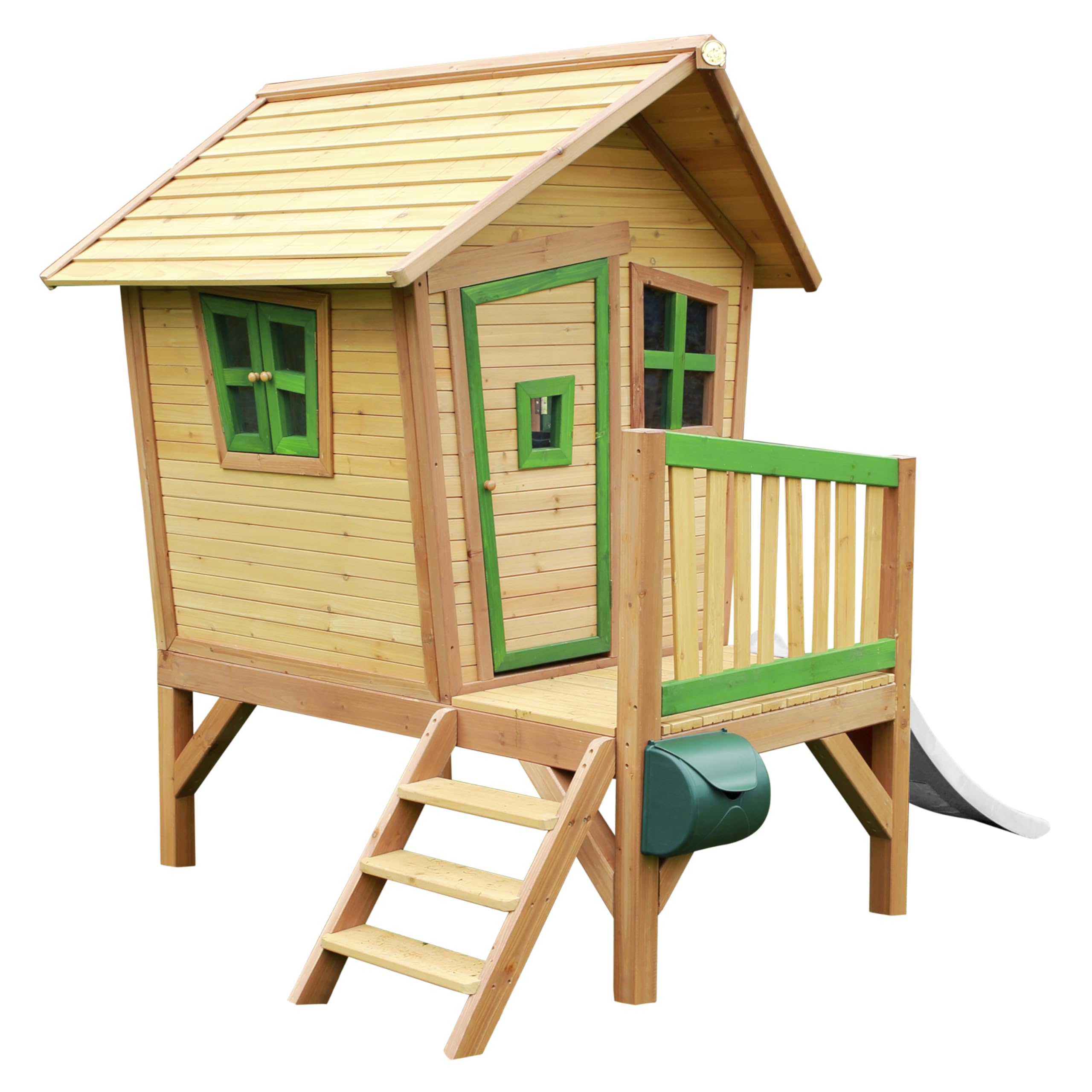 AXI Spielhaus Robin mit weißer Rutsche | Stelzenhaus in Braun & Grün aus FSC Holz für Kinder | Spielturm für den Garten