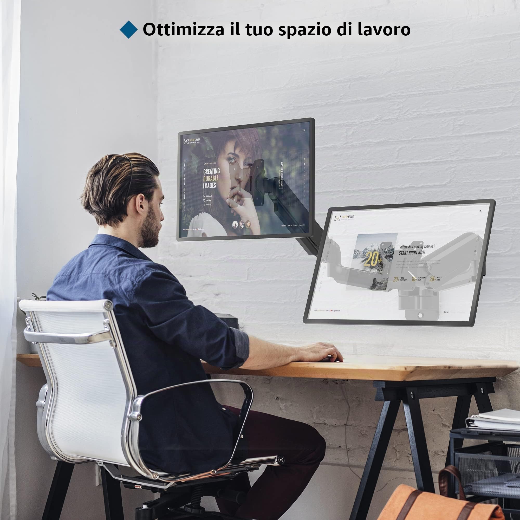 BONTEC Supporto da parete per monitor da 13 a 27 pollici, braccio a molla a gas fino a 8 kg, orientabile e orientabile, supporto doppio VESA 75 e 100 mm