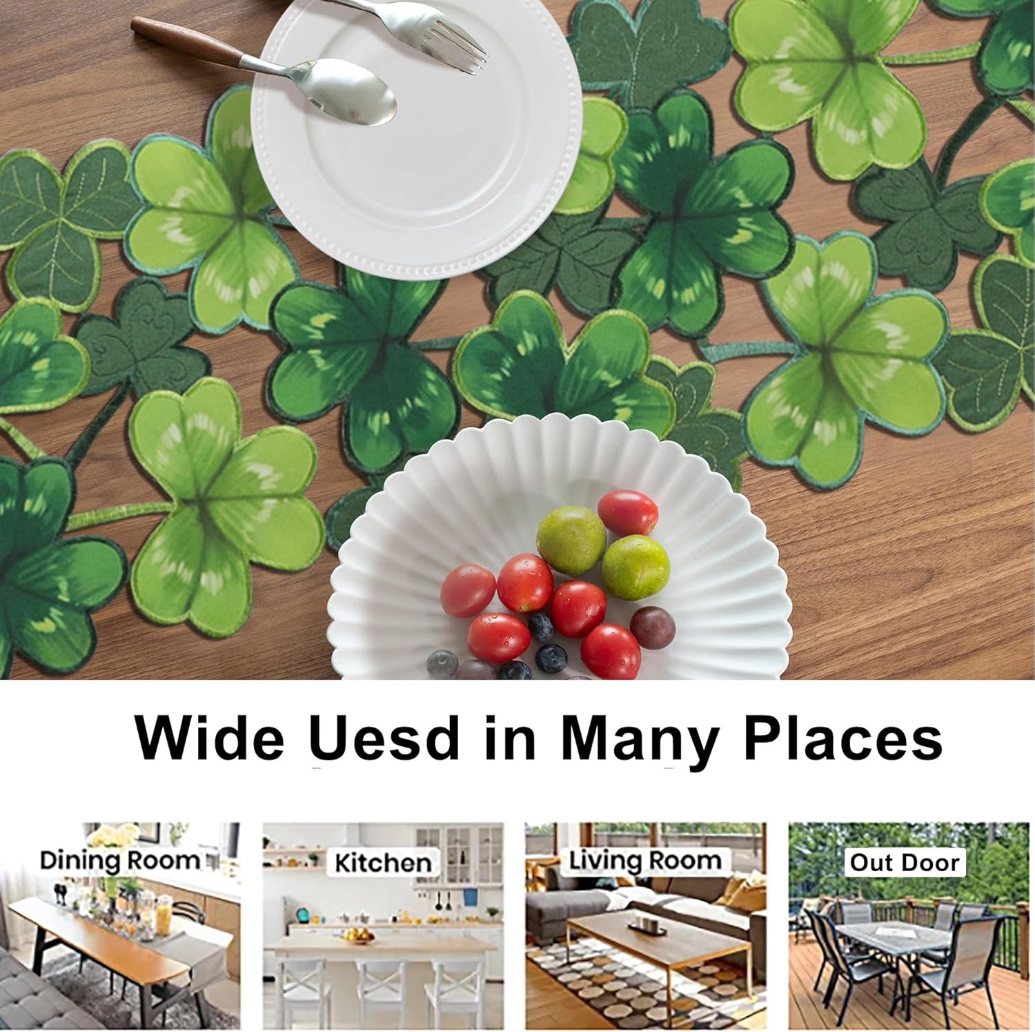 Simplebrand St Patrick's Day Table Runner, Embroidery Spring Green Table Runner 36 Inch, Applique Cutwork Irish Clover Table Runner for Spring Party Holiday Kitchen Dining Banquet Gathering, 13"×36"