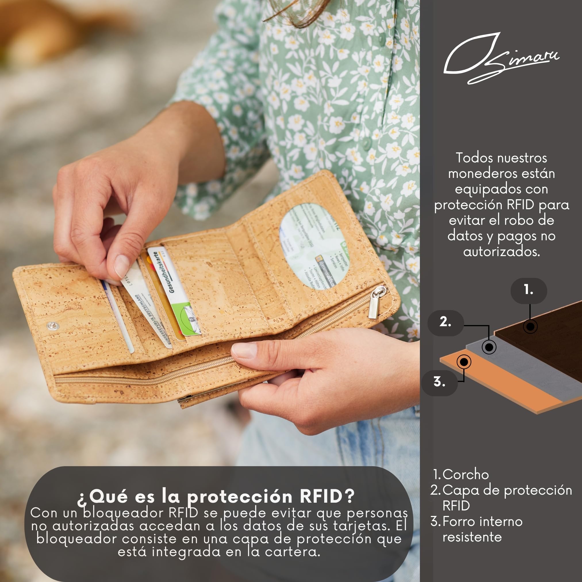 Simaru Cartera de Corcho para Mujer con Protección RFID, Monedero Vegano para 9 Tarjetas con Compartimentos para Billetes y Monedas, Sostenible y Fabricada en Europa (Negro)