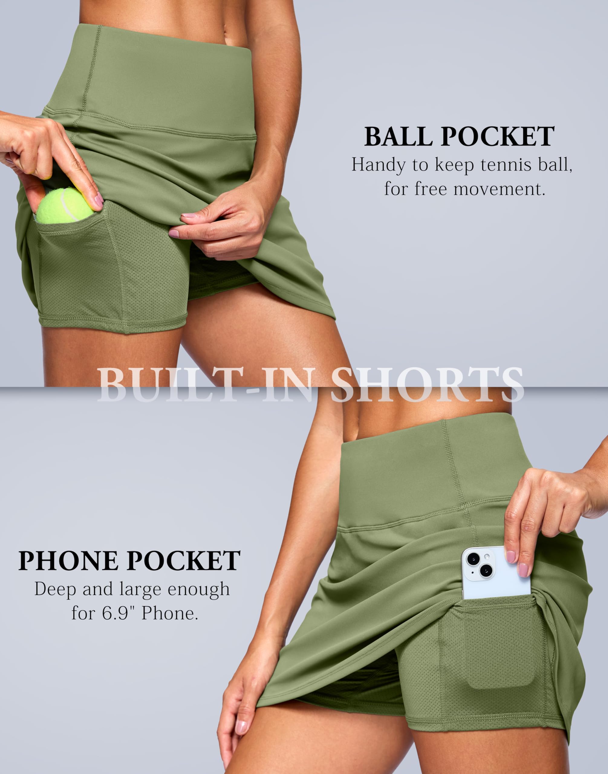 SANTINY Jupe-short de 35,6 cm pour femme avec 2 poches, taille haute, coupe trapèze, style décontracté, jupe-short de pickleball, de golf, jupe de tennis athlétique