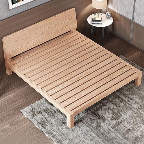 HM&DX Marco de cama escandinavo de madera maciza, marco de cama rectangular con cabecero, soporte de listones de madera para dormitorio, fácil