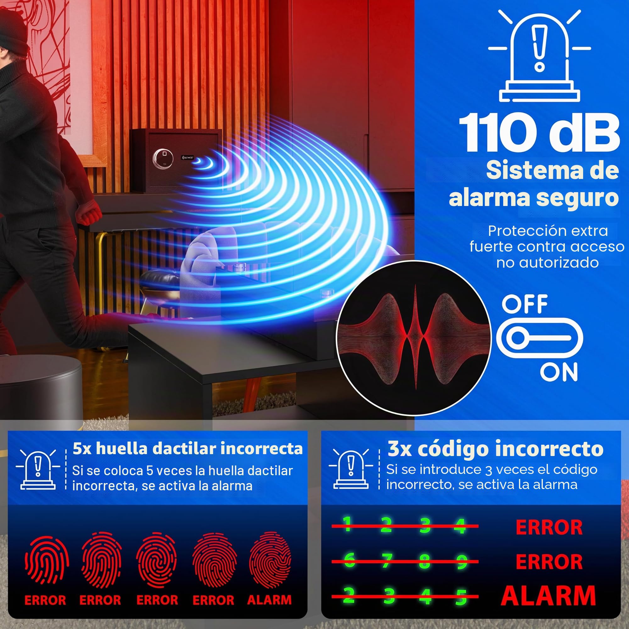 KESSER Caja fuerte eléctrica con huella dactilar y llave XL batería emergencia 3 doble perno pared suelo muebles