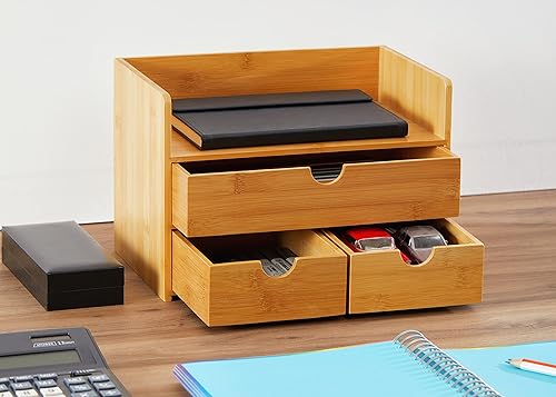 Miniatura 4 de RoyalHouse Organizador de escritorio de bambú natural de alta calidad, diseño atractivo de 3 niveles, almacenamiento de mesa para documentos y