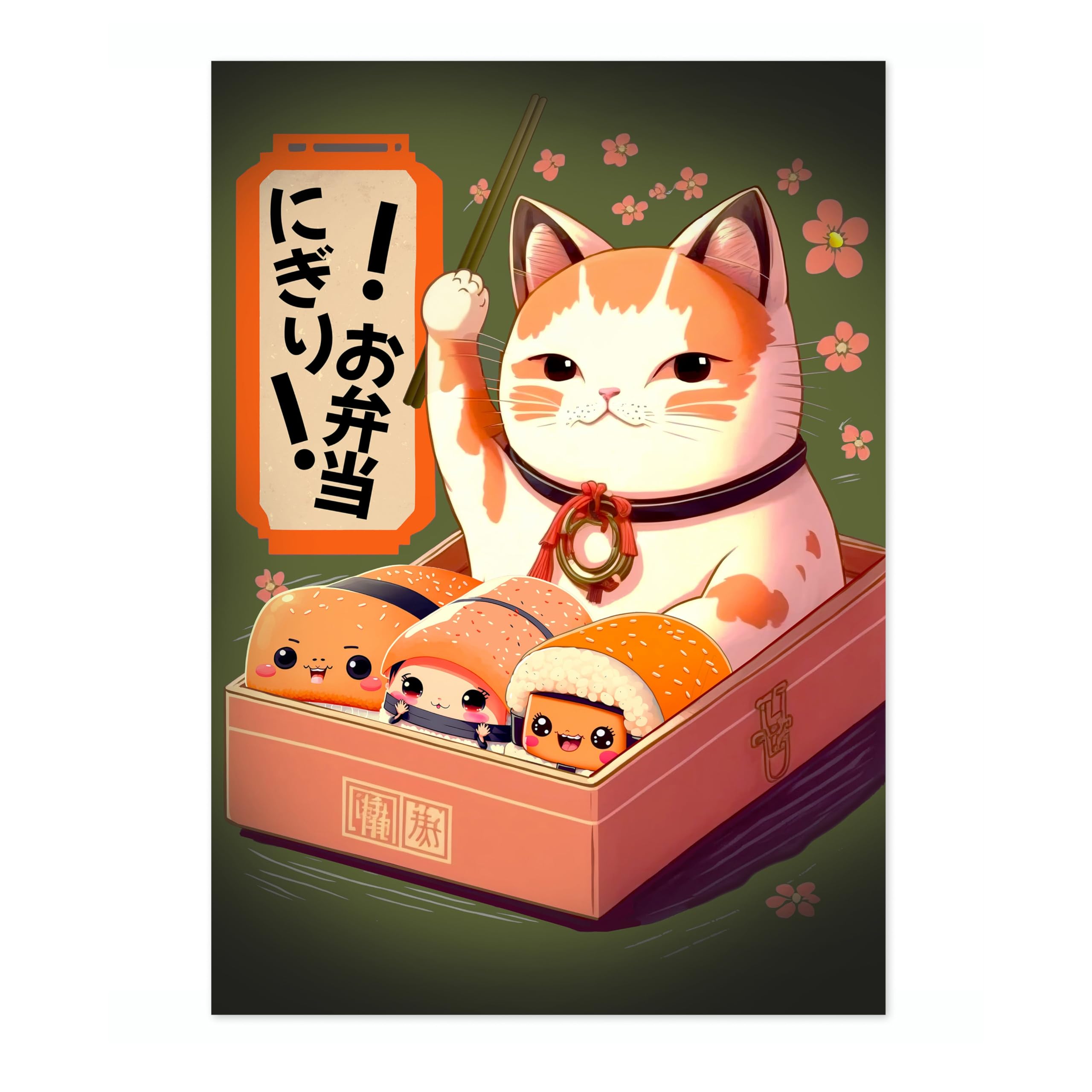Bento Cat Anime Woodblock Poster Modern Woodblock Print, Cartoon Manga Kitten Wall Art Decor, Modern Japanese, Cat Lovers, A4 (Print Only) - 29.7x21cm