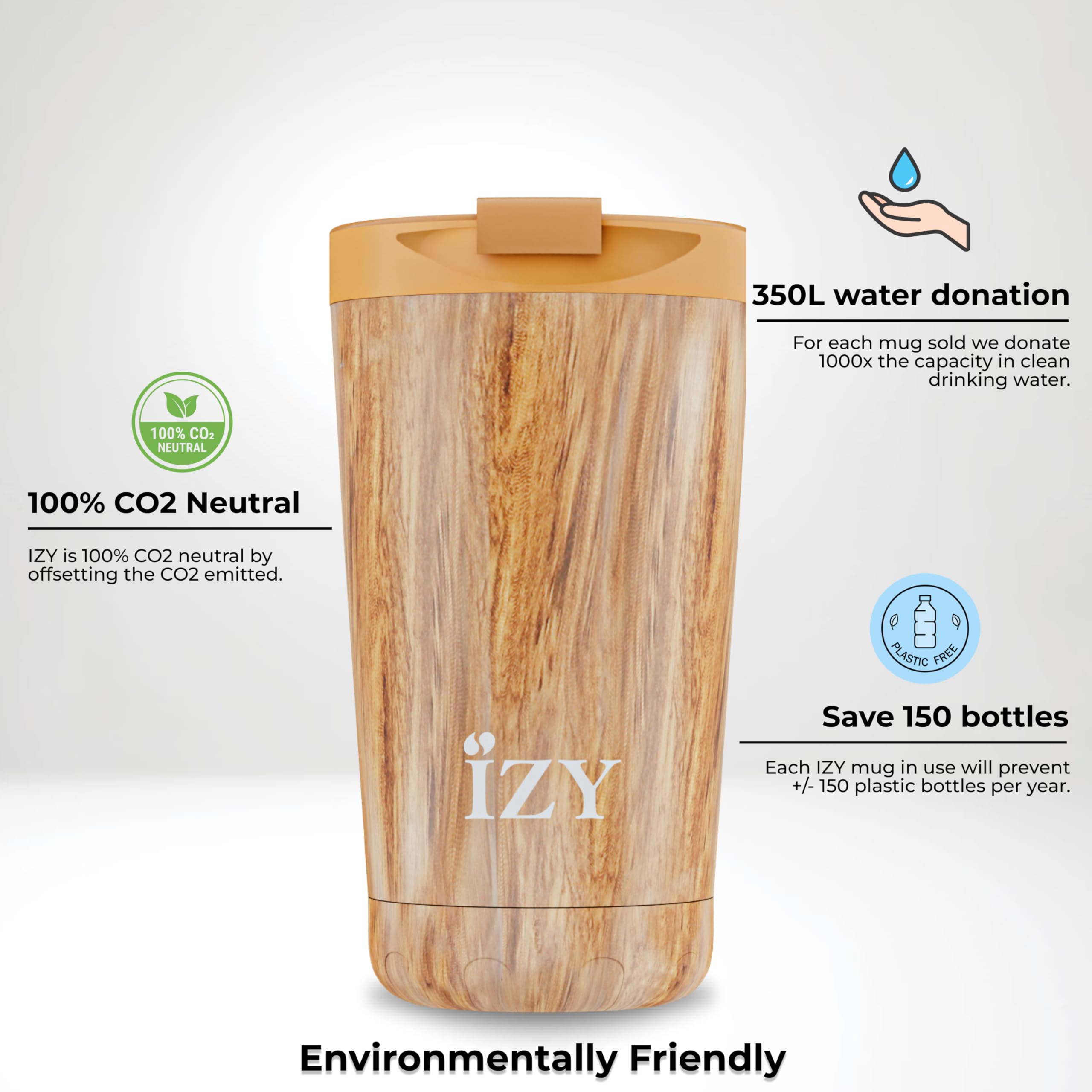 IZY Trinkflasche, Holzmaserung, Braun, Wasserspende, Thermoskanne, Kaffeebecher to go, Thermobecher, BPA-frei, Trinkflasche aus rostfreiem Stahl, Heiß oder kalt für 12 Stunden, 350 ml