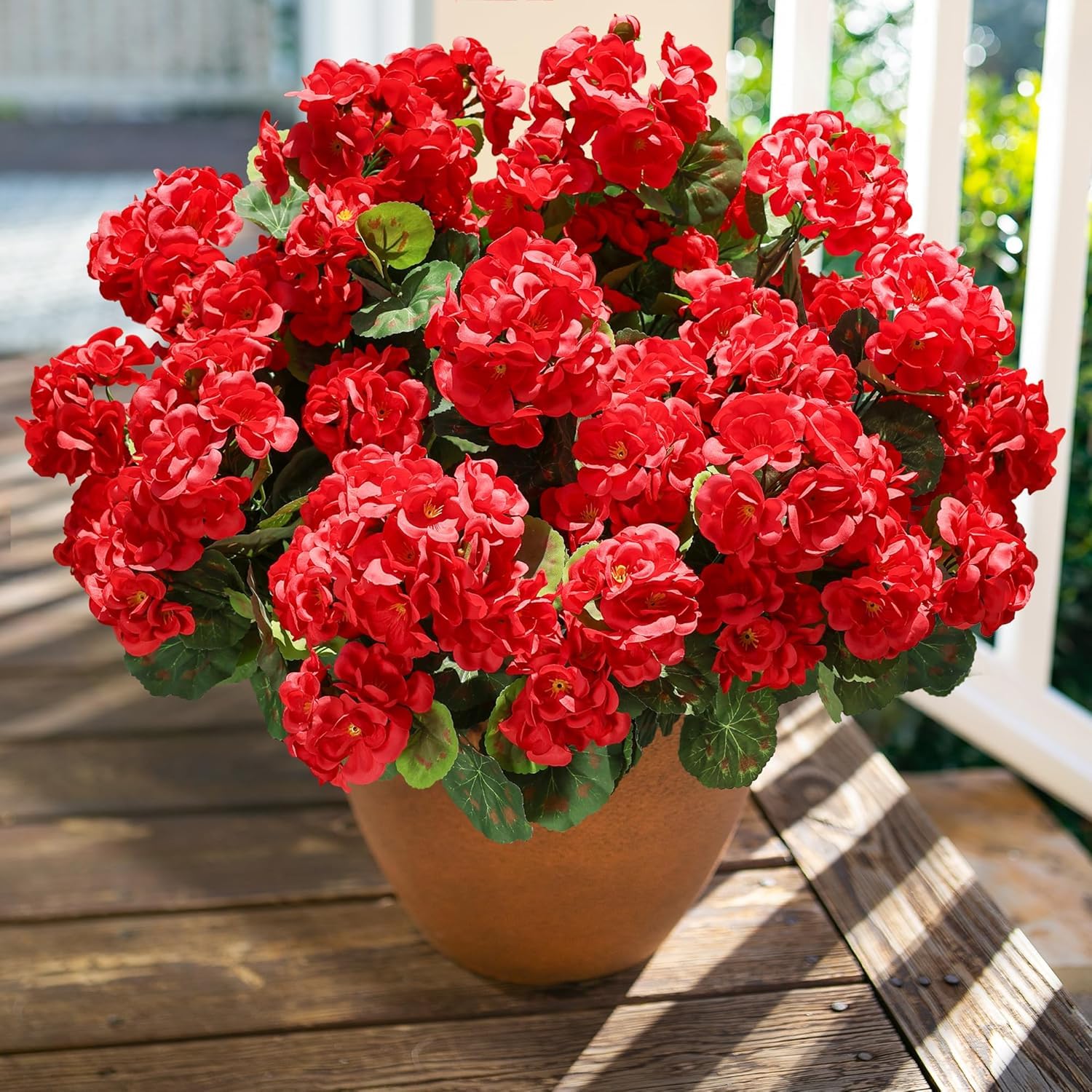 Sousi 6pcs Artificial Red Geranium Flowers for Outdoor - UV Resistant, Realistic Fake Silk Geraniums for Outdoor Deck, Front Door, Garden Home Decor