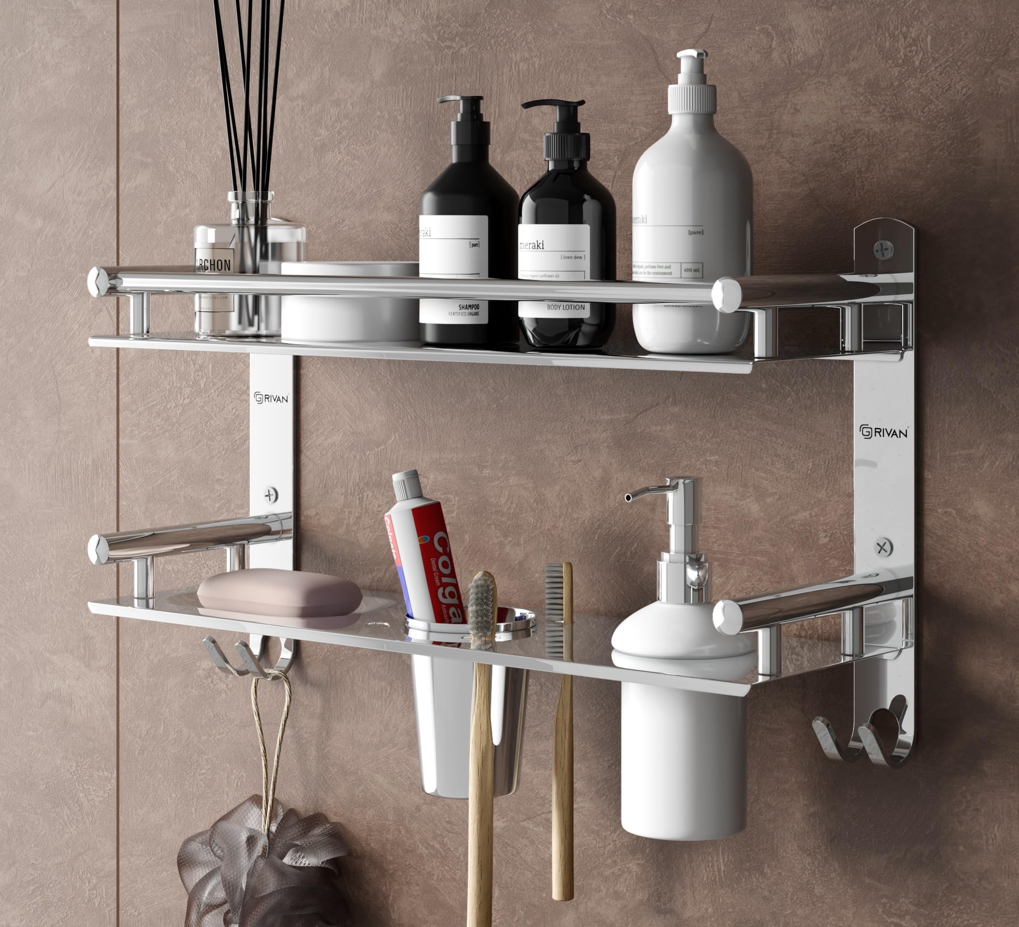 GRIVAN 6in1 Premium Stainless Steel Shelf Racks Stand Holder Shelves with Soap, Toothbrush, Tumbler Holder and Liquid Soap Dispenser for Bathroom Accessories and Fittings (Silver Chromed) (B0CRKYBZSZ) Amazon Price History, Amazon Price Tracker