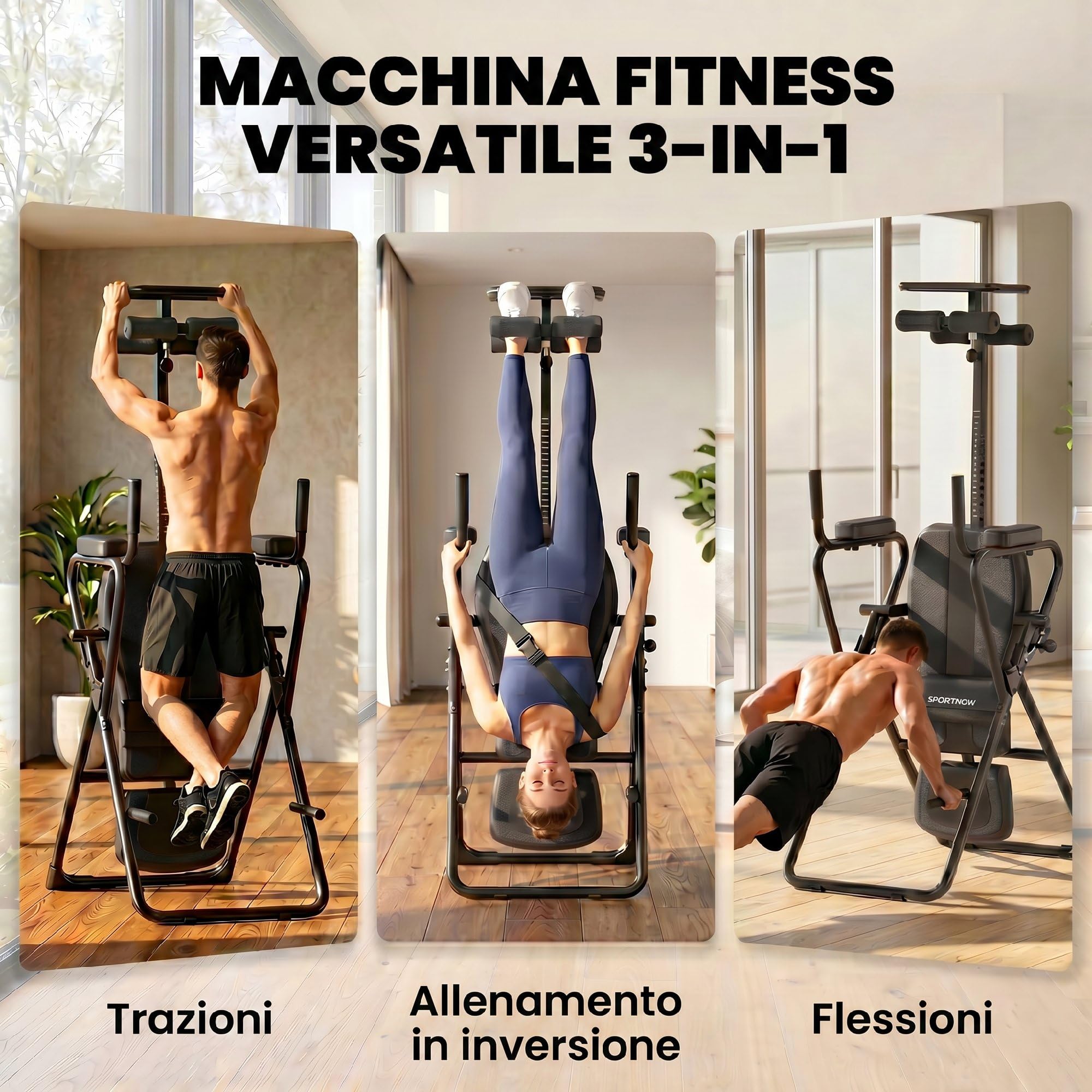 SPORTNOW 3 in 1 Panca ad Inversione Pieghevole Regolabile, Tavola di Inversione Gravitazionale con Barra per Flessioni e Trazioni, Poggiatesta, Cintura di Sicurezza, Sollievo dal Dolore alla Schiena
