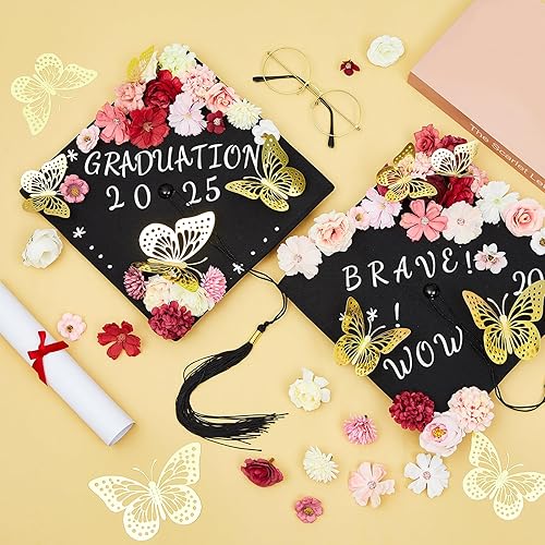 Miniatura 7 de Hanaive Kit de decoración de gorro de graduación hecho a mano, incluye 60 cabezales de flores surtidos, 12 mariposas 3D, 4 hojas de calcomanías de