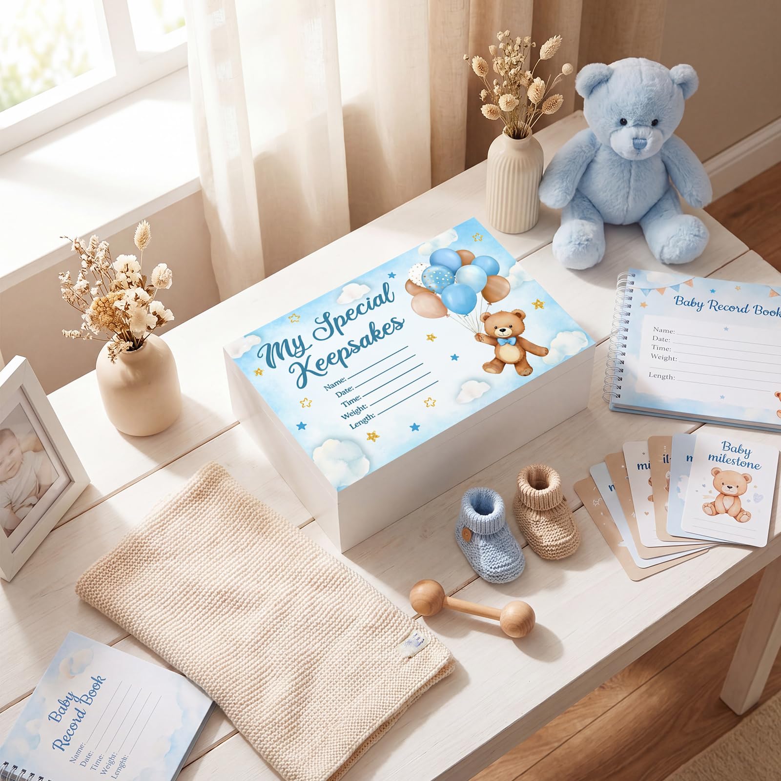Thyle Blue Bear - Caja de madera para recuerdos de bebé, caja de recuerdos para niños o niñas, regalo de cumpleaños bautismal para padres recién nacidos, regalo de cumpleaños para recuerdos