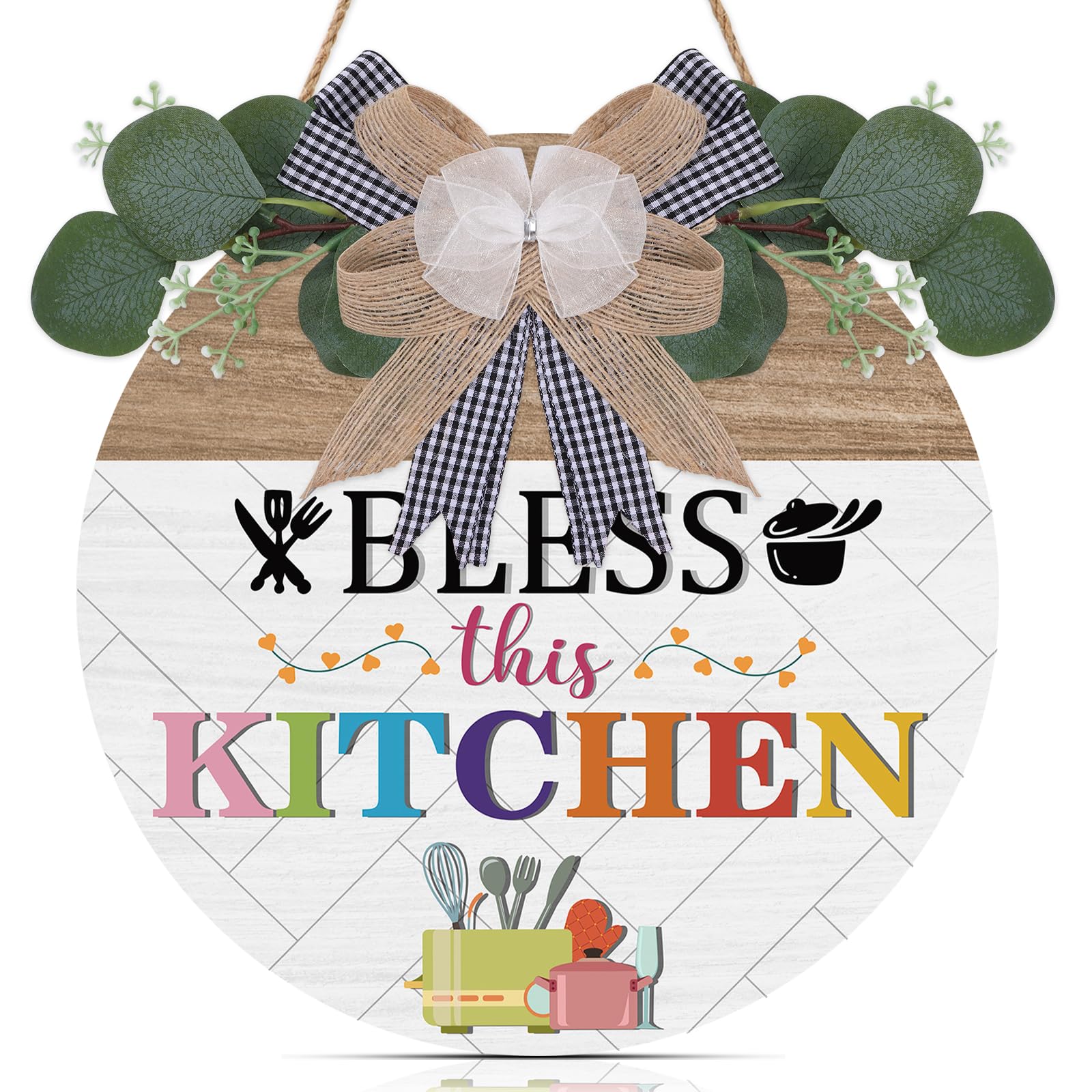 TOARTi Bless this Kitchen Sign,Kitchen Wall Art Rustic Wood Sign Round Hanging Decor with Ribbon Bow and Artificial Green Leaves Farmhouse Style Wall Art
