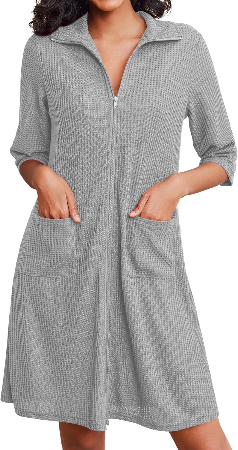 Ekouaer Zipper Robes for Women Waffle Knit Bathrobes Short Lightweight Knee Length Loungewear with Pockets S-XXL Small Light Grey