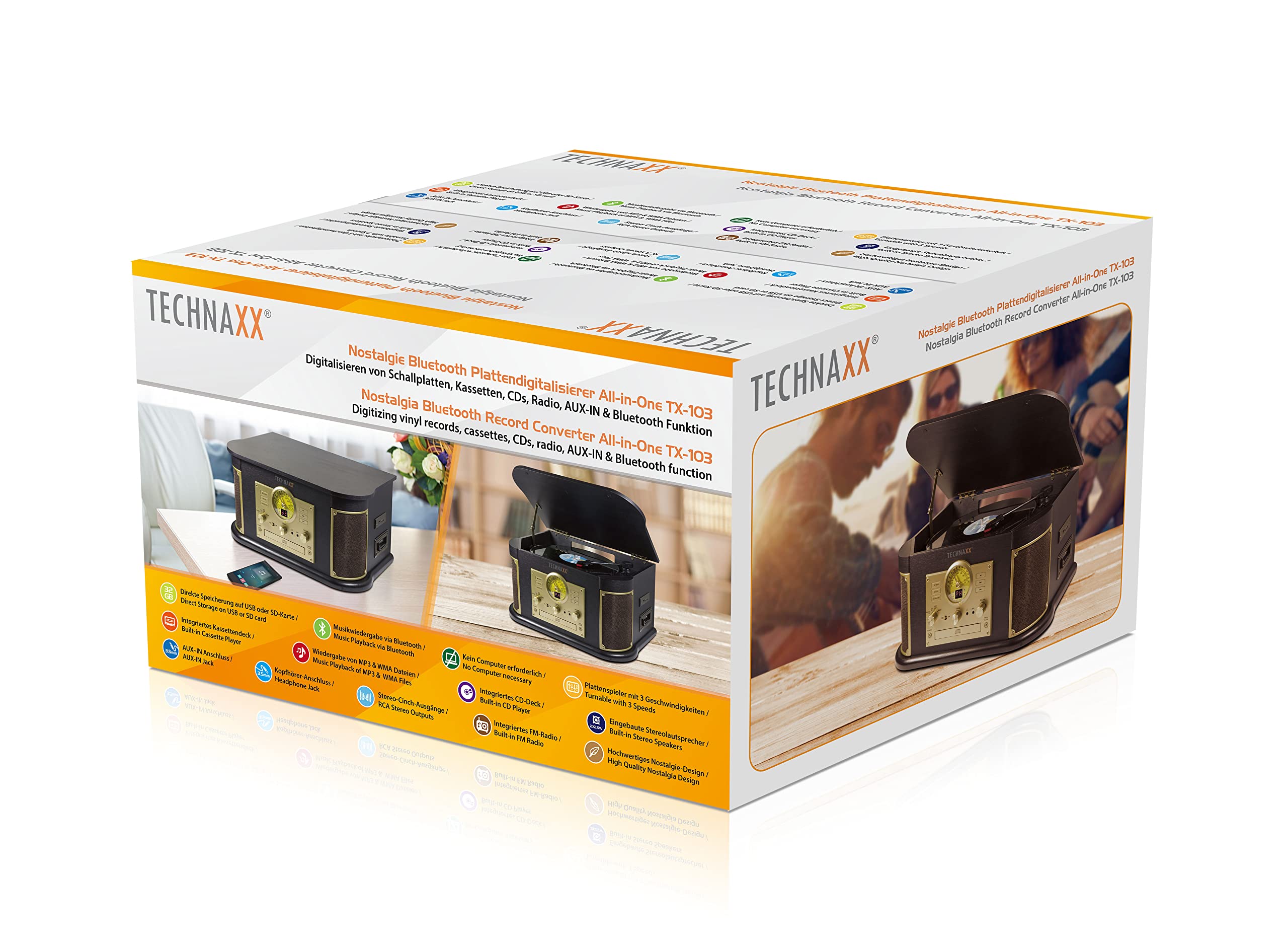 Technaxx Giradischi Bluetooth V2.0 Digitalizzazione Dischi Cassette CD Funzione Radio AUX RCA Altoparlanti Stereo TX-103