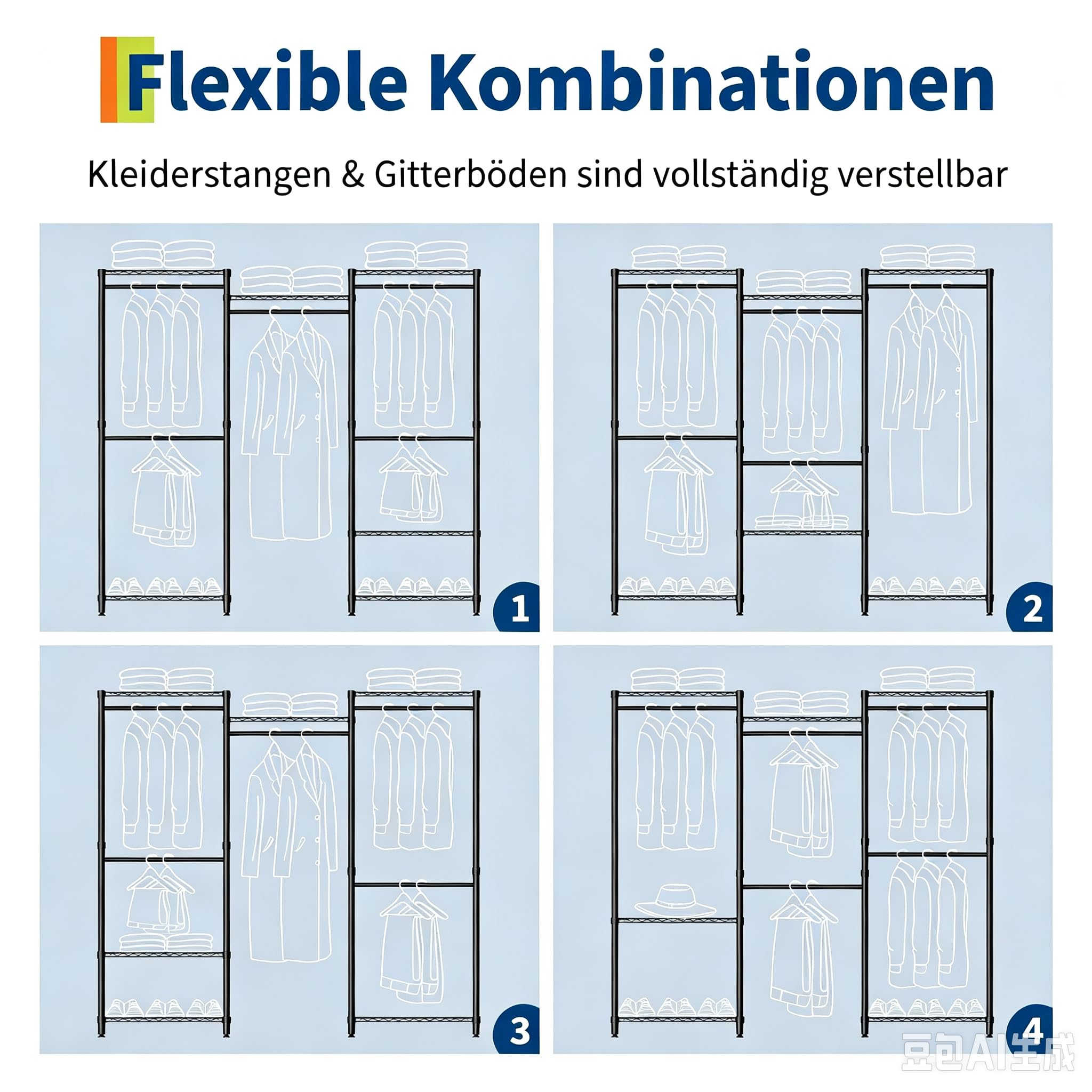 Garvee Kleiderständer Schwerlast Garderobenständer Metall Offener Begehbarer Kleiderschrank Großes Schranksystem DIY Kleiderregal mit 5 Hängestangen & Ablagen für Schlafzimmer Schwarz