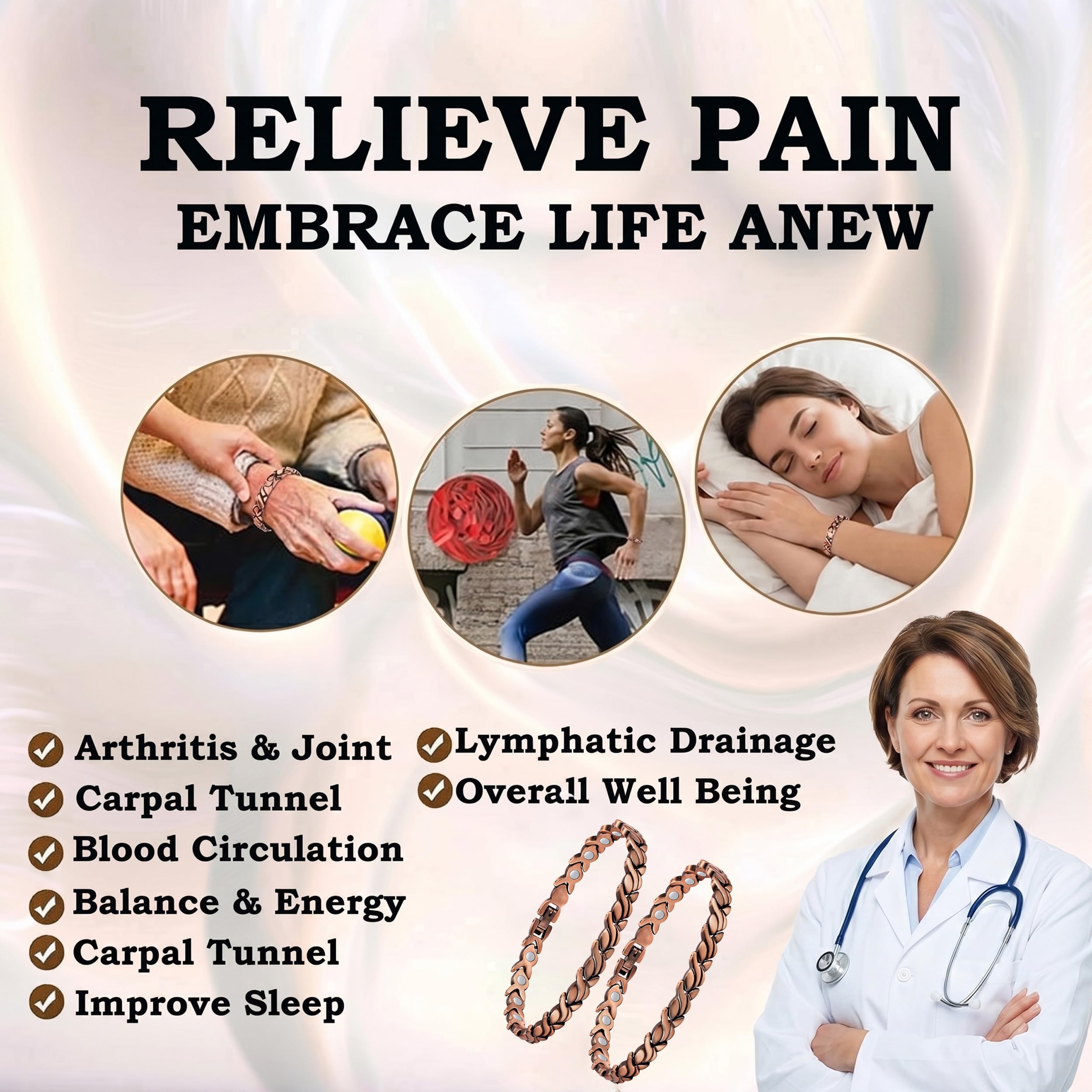Bracelet en cuivre pour femme en néodyme lympunclog | Bracelet Megnc en cuivre pur 99,99 %, Pulsera de Cobre Para Mujer, réglable avec outil de dimensionnement