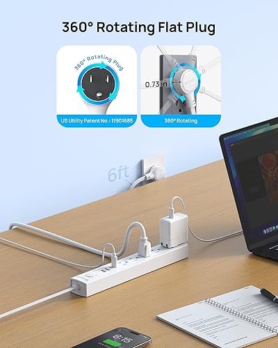Miniatura 2 de TROND Regleta protectora de sobretensiones con enchufe plano giratorio de 360, 5 tomas de corriente ampliamente espaciadas con 2 USB C y 2 USB A,