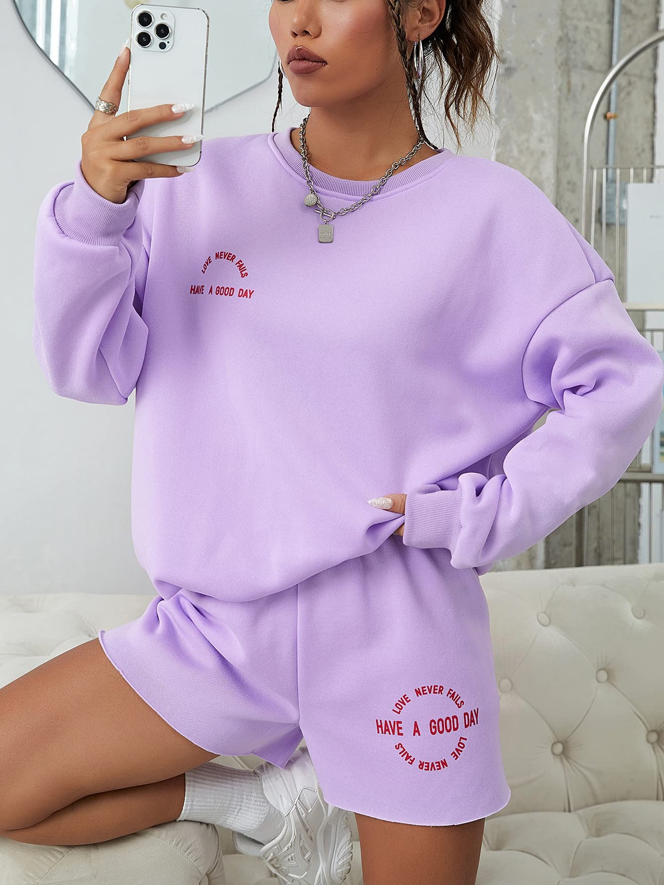 Amazon.com: NIBHZ Women's Suit Slogan Graphic Thermal Lined Drop Shoulder  Sweatshirt u0026 Shorts Suit for Women (Color : Lilac Purple, Size : Small) :  Clothing, Shoes u0026 Jewelry