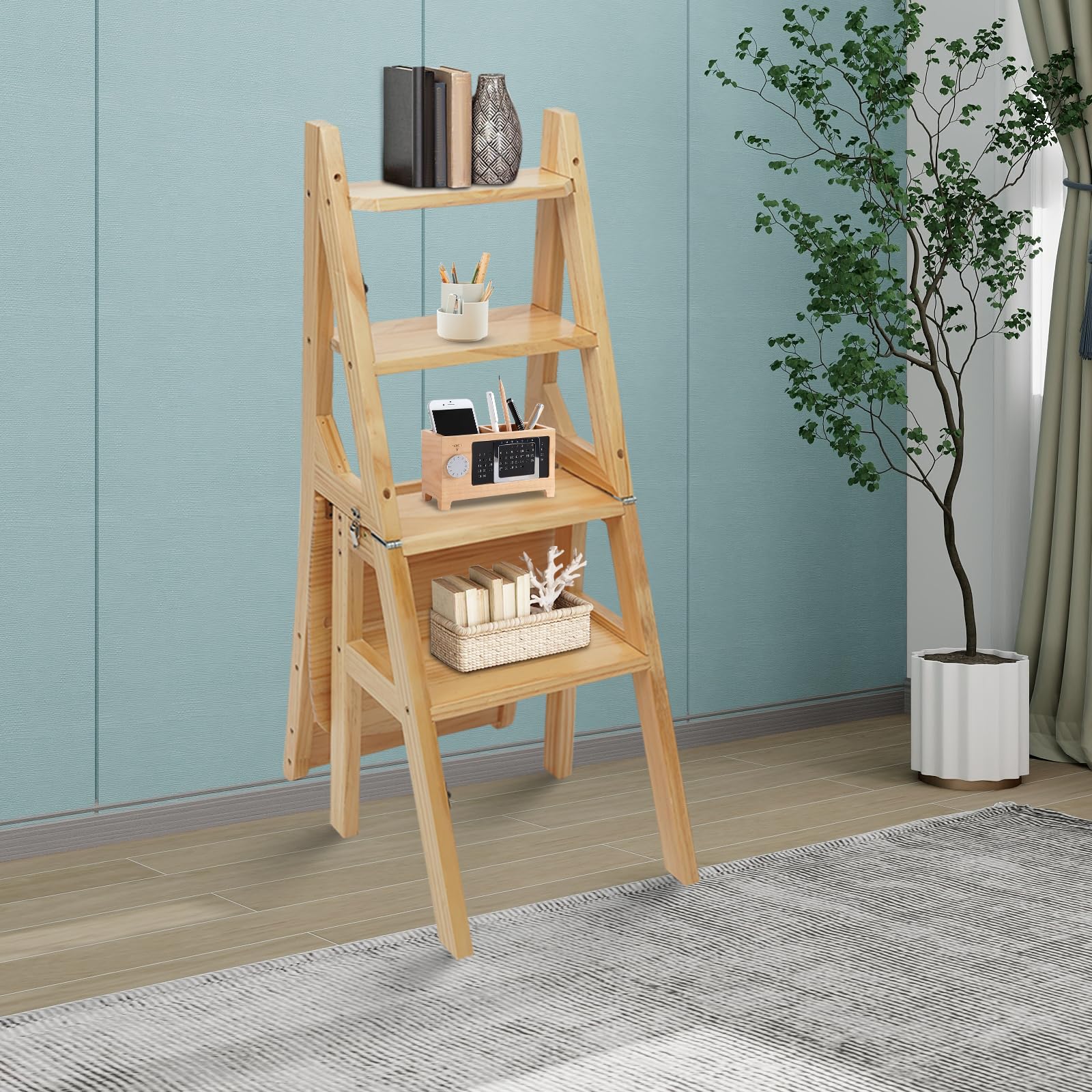Escalera plegable de 4 peldaños de madera de pino, taburete plegable multifuncional, capacidad de carga 100 kg, escalera de biblioteca, escalera para interior y exterior, color madera