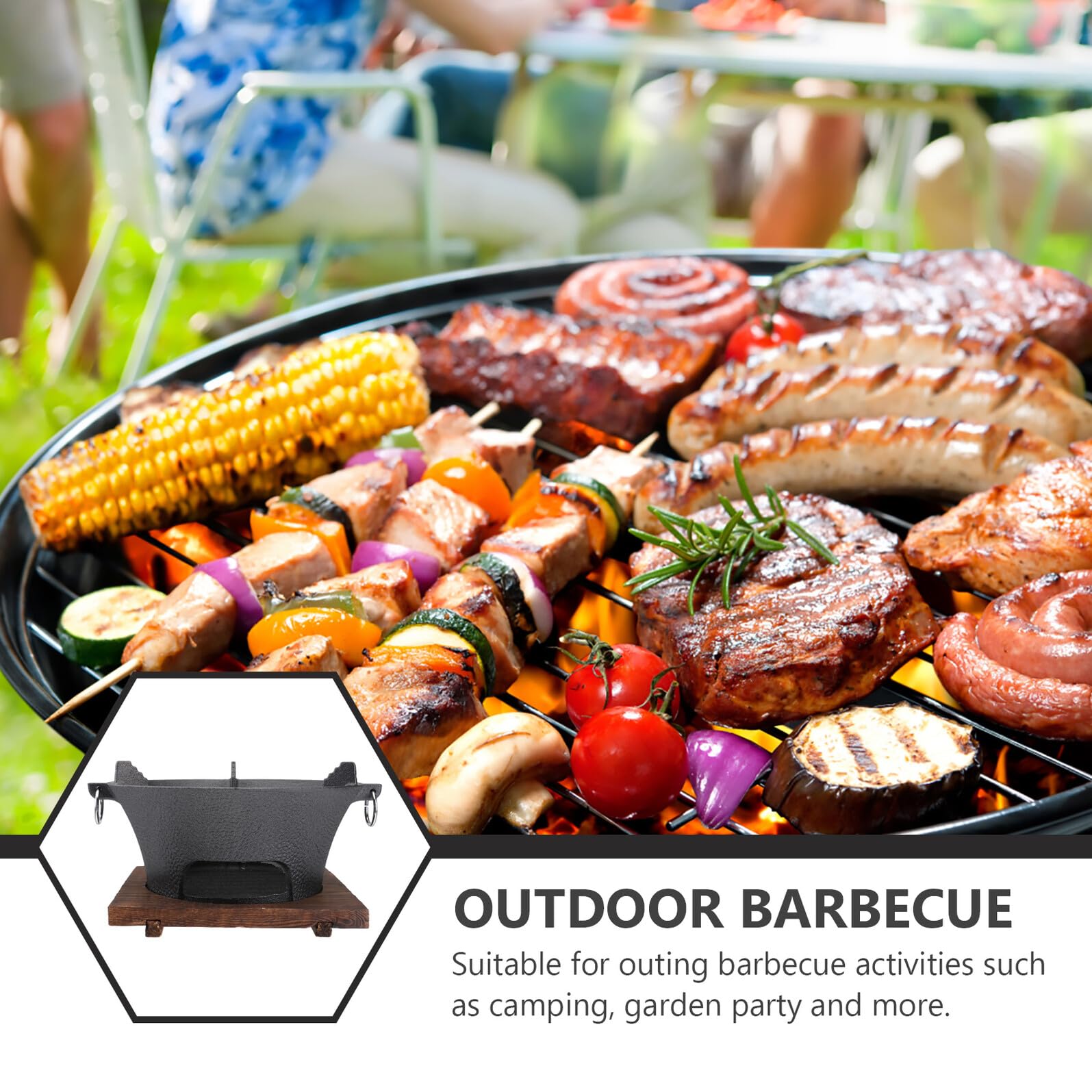 Duży 26 cm żeliwny grill na węgiel drzewny – piec do gotowania na zewnątrz z drewnianą tacą na kemping i piknik, wszechstronne artykuły do grillowania w domu, losowe opcje kolorystyczne