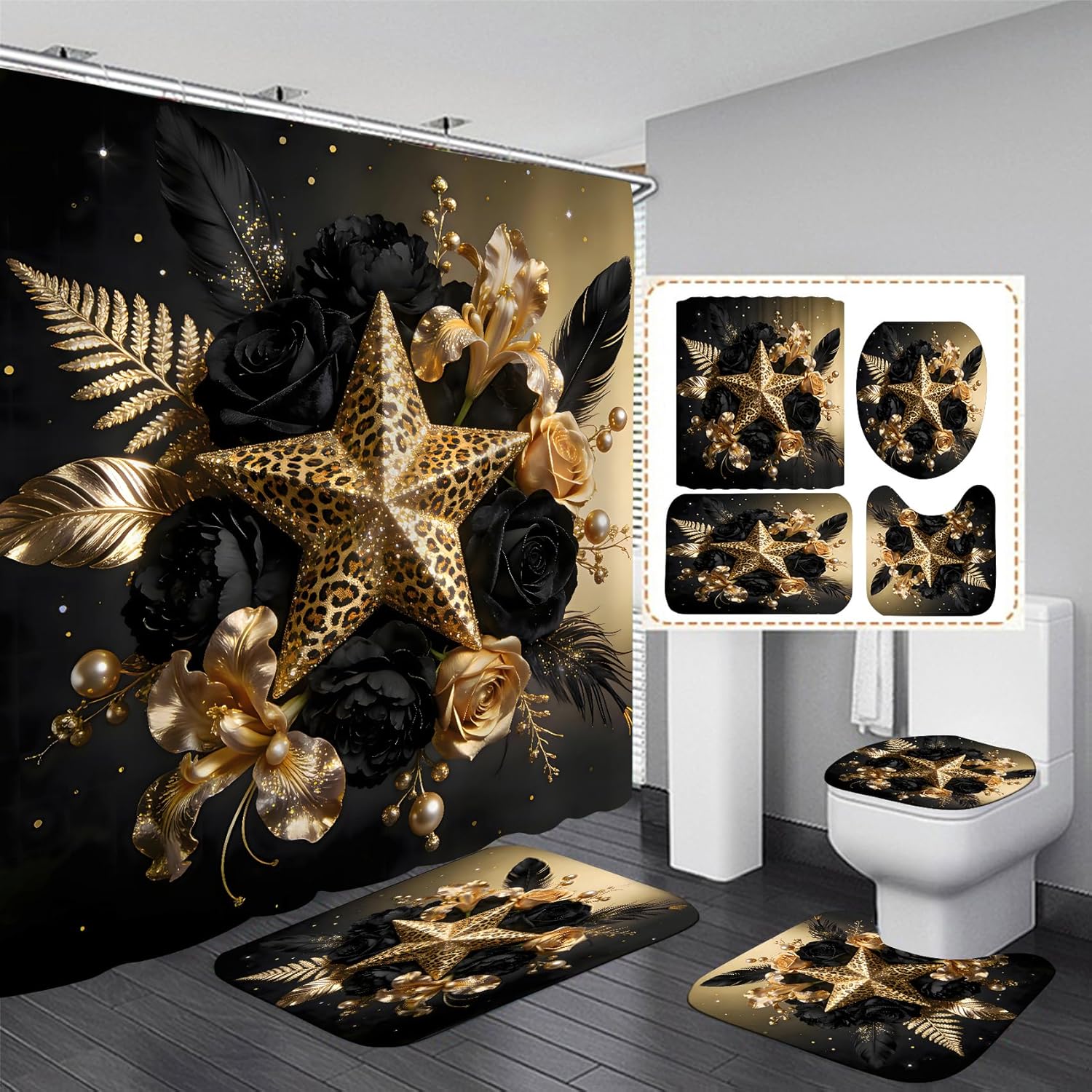 Black and Gold Shower Curtain Sets with Rugs, Luxury Leopard Star Floral Bathroom Decor, 4 Piece African Animal Print Bath Set with Non-Slip Rug, Toilet Lid Cover and Bath Mat, Waterproof Fabric