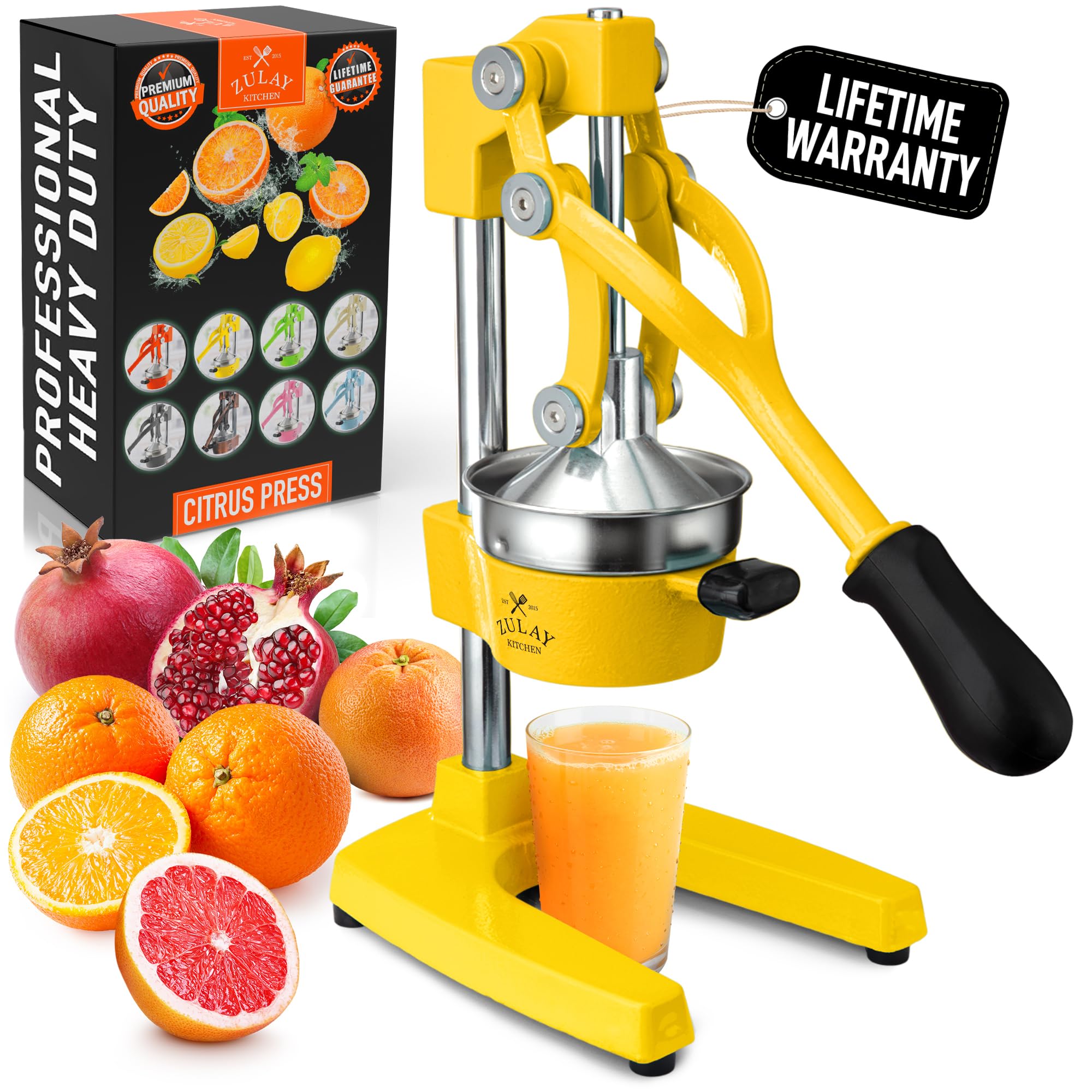 Zulay Kitchen Cast Iron Juicer - Easy-to-Clean Heavy-Duty Manual Juicer, Professional Citrus Juicer - Stainless Steel Lemon Squeezer - Manual Citrus Press & Orange Squeezer - Orange Juicer (Yellow)