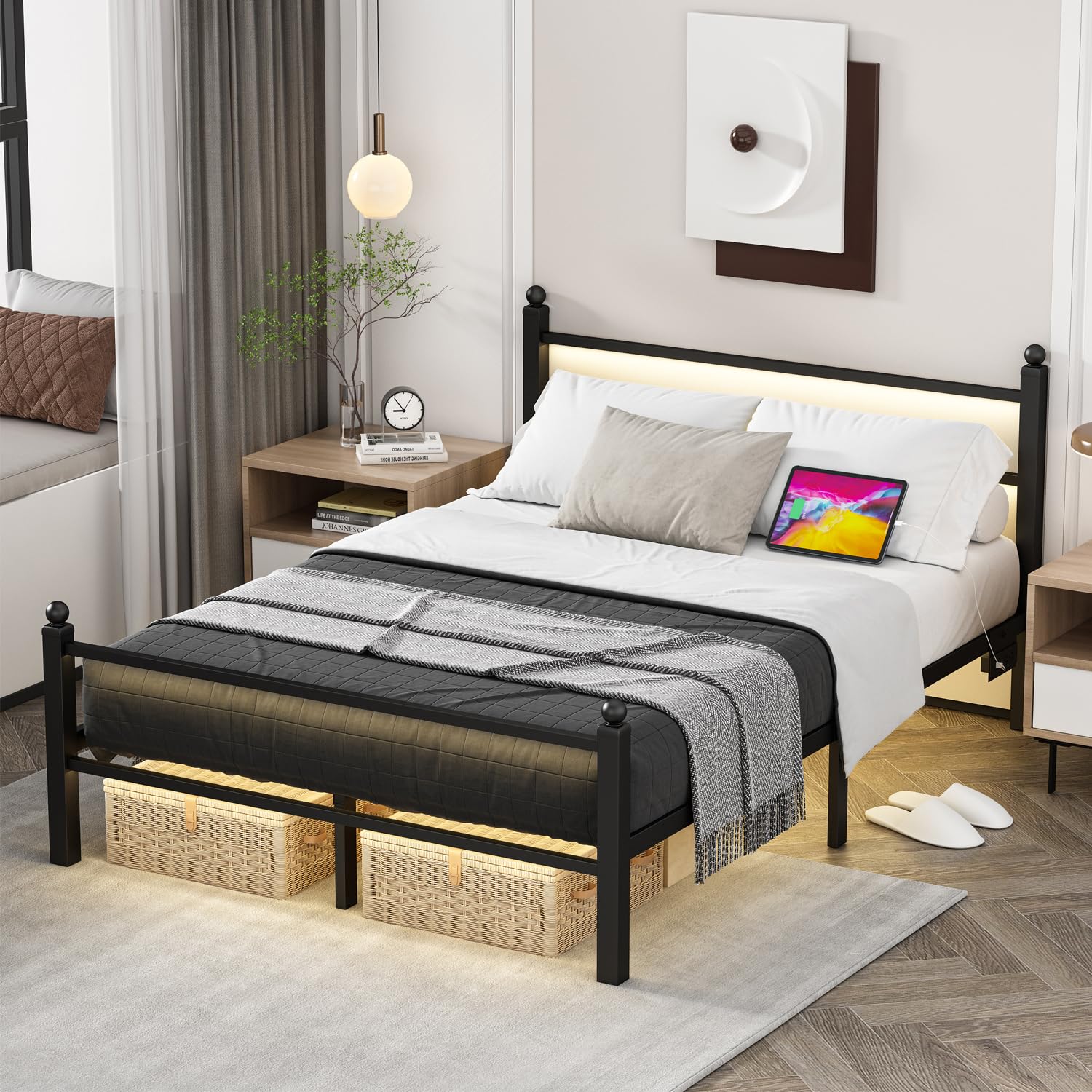 jenmit full size bed frame with charging station & led lights, metal platform bed frame with headboard and footboard, storage space under bed, no box spring needed, noise free, easy assembly, black